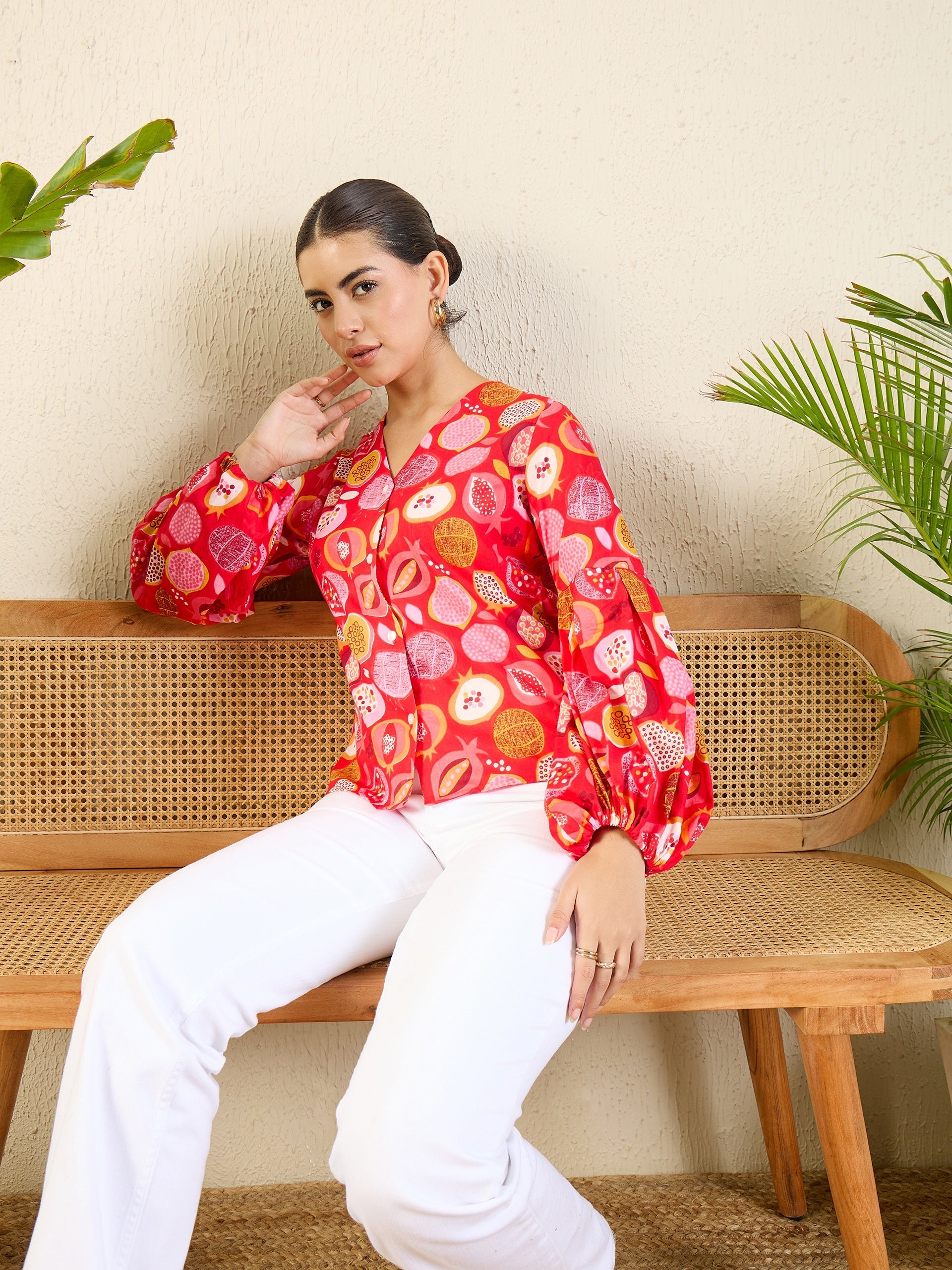 Printed Cotton Shirt with Balloon Sleeves - Pinkkup