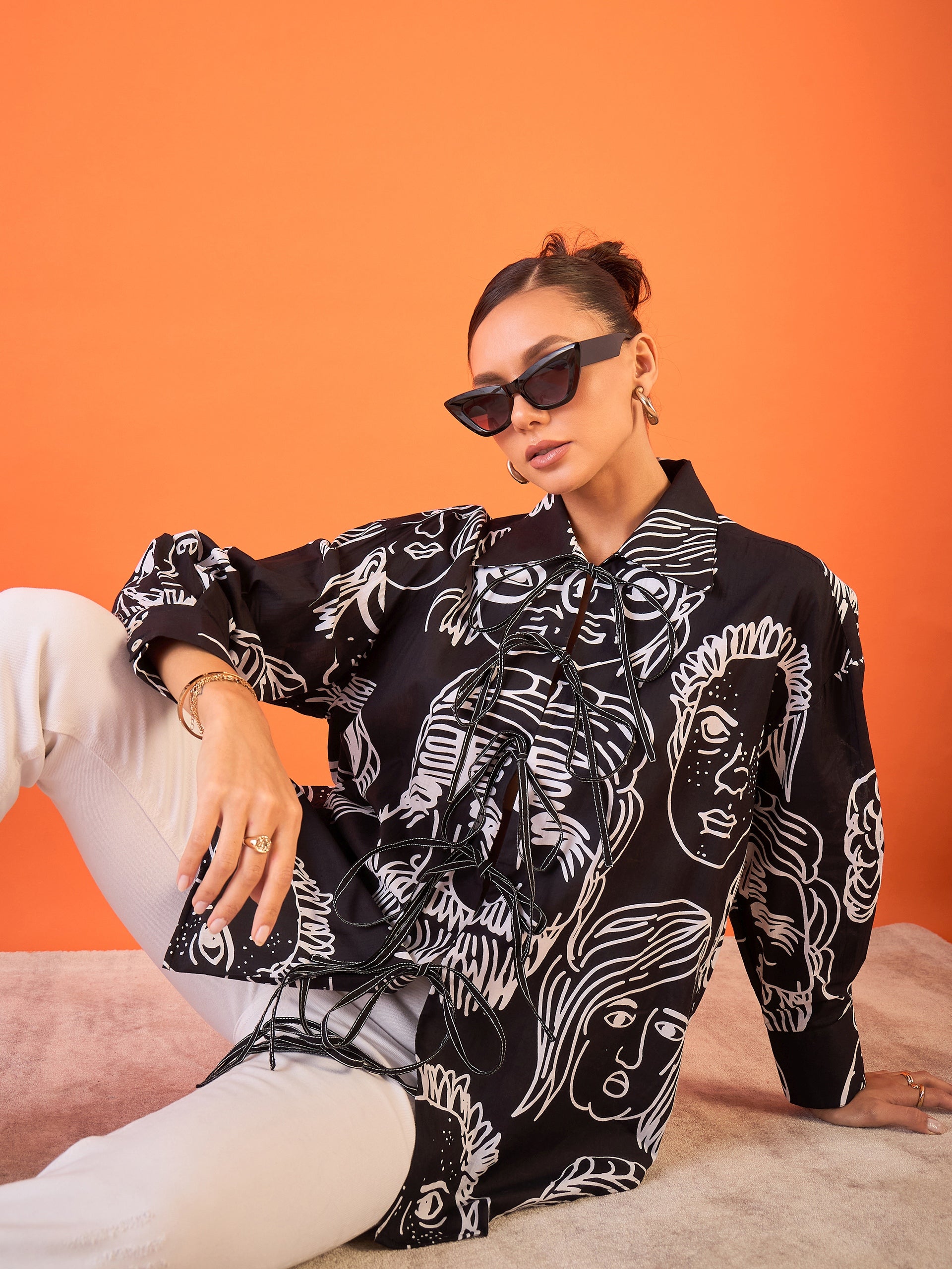 Printed Tie-Up Full Sleeve Cotton Shirt - Pinkkup