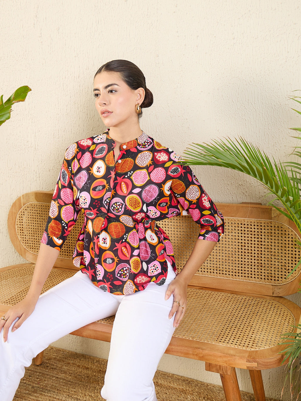 Printed Cotton Mock Neck Shirt - Pinkkup