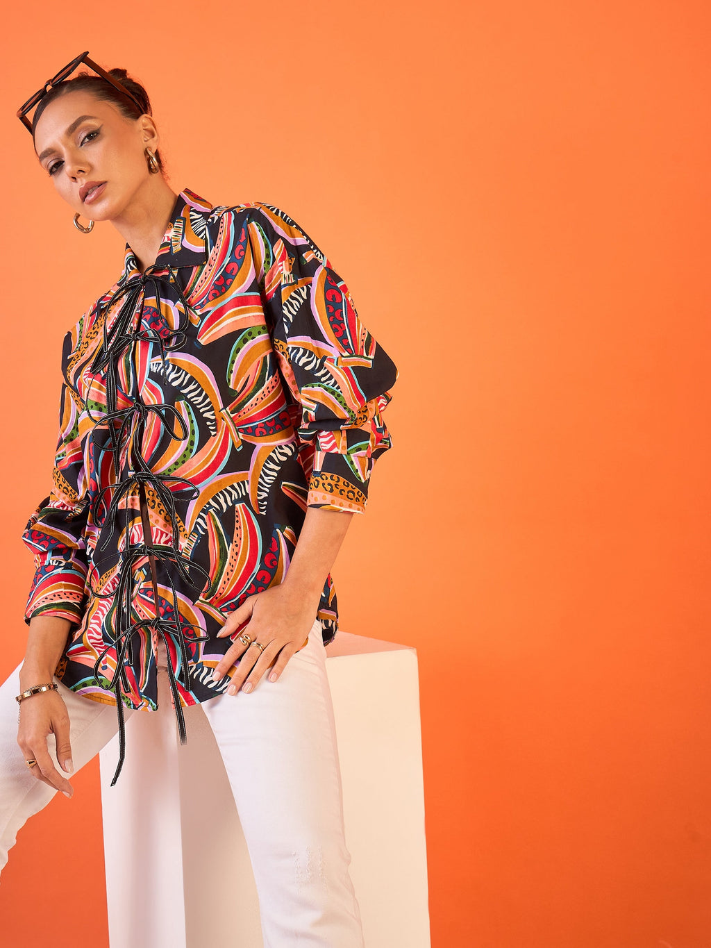 Printed Tie-Up Full Sleeve Cotton Shirt - Pinkkup