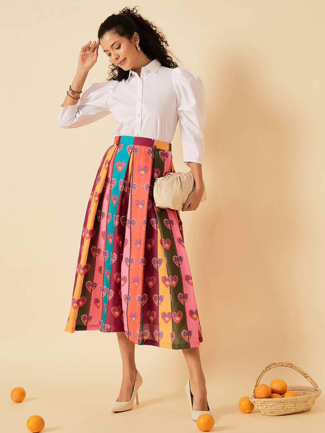 Box Pleated Linen Midi Skirt - Pinkkup