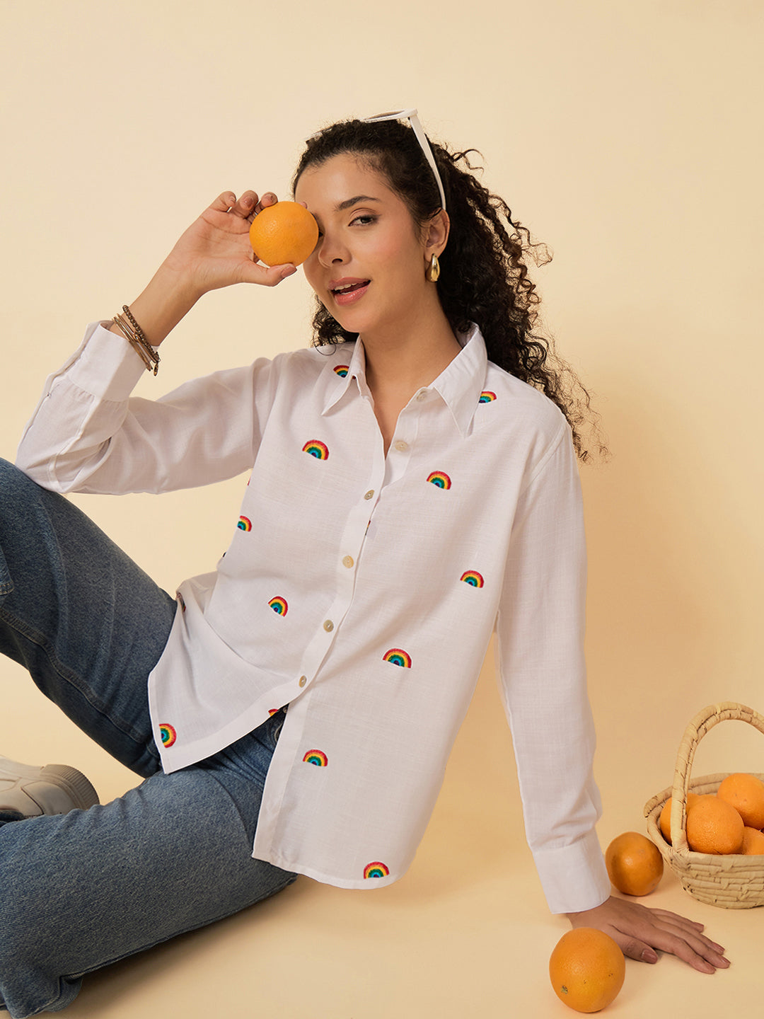 All Over Embroidered Linen Shirt - Pinkkup