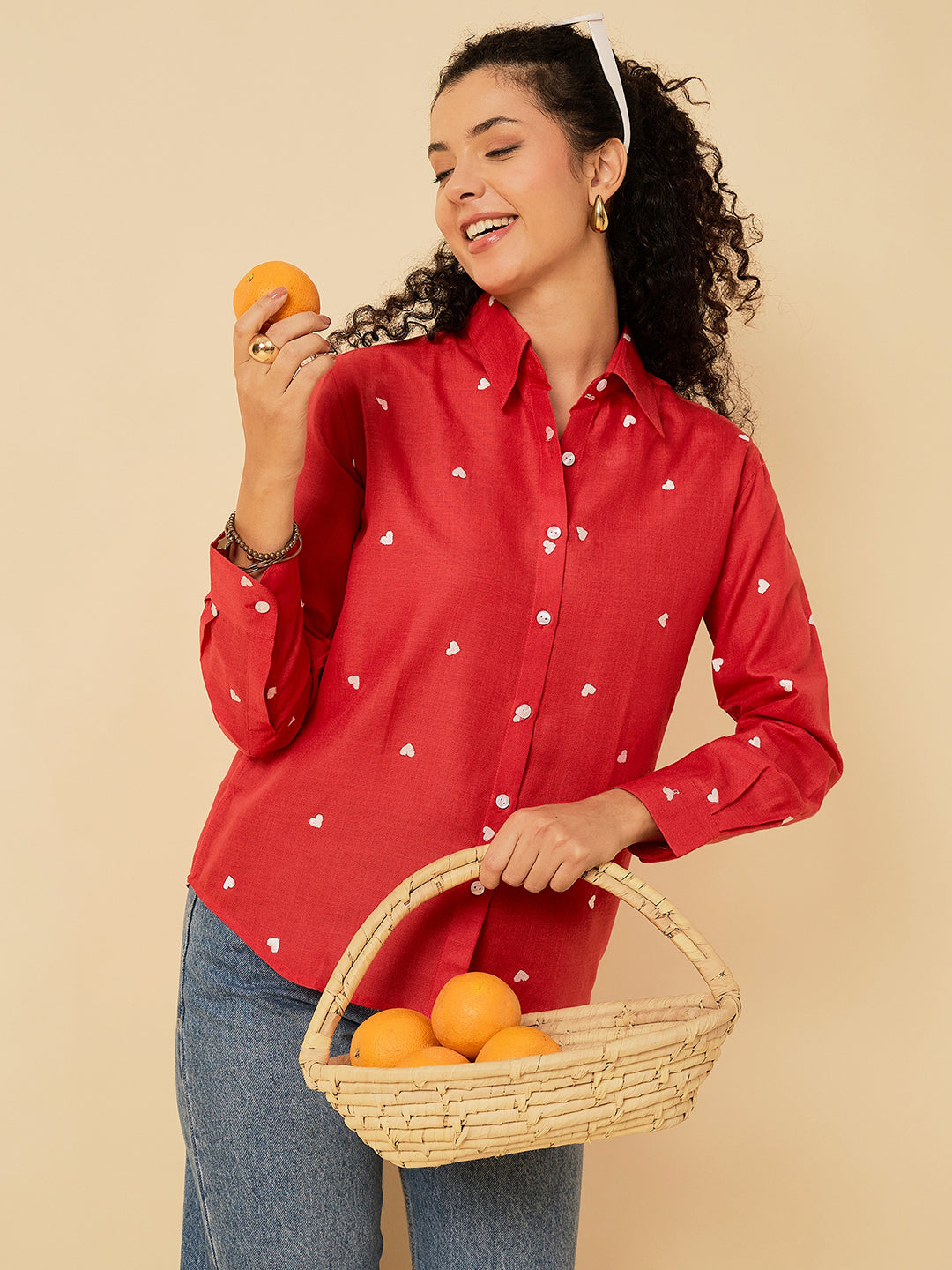 All Over Embroidered Linen Shirt - Pinkkup