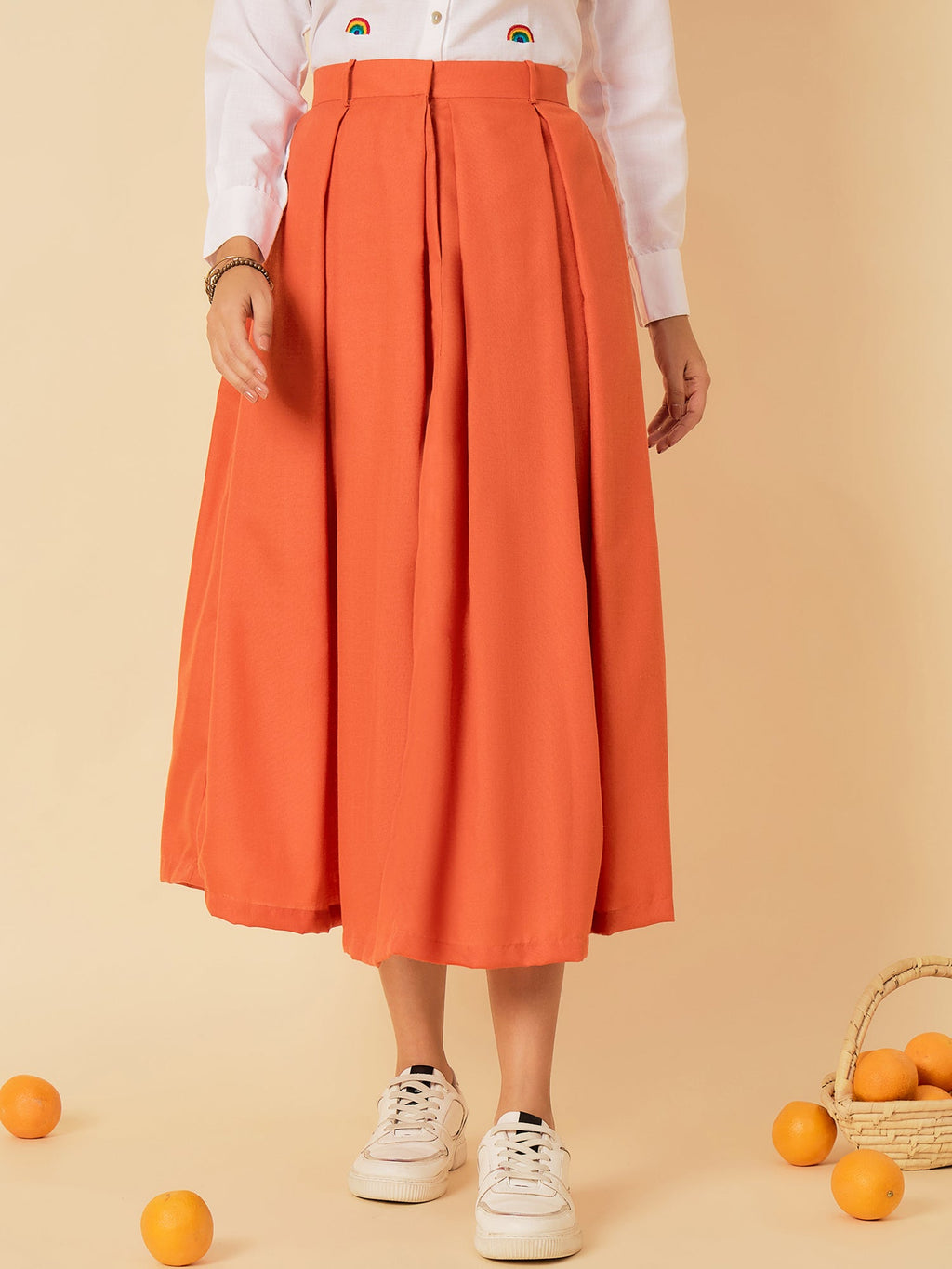 Box Pleated Linen Midi Skirt