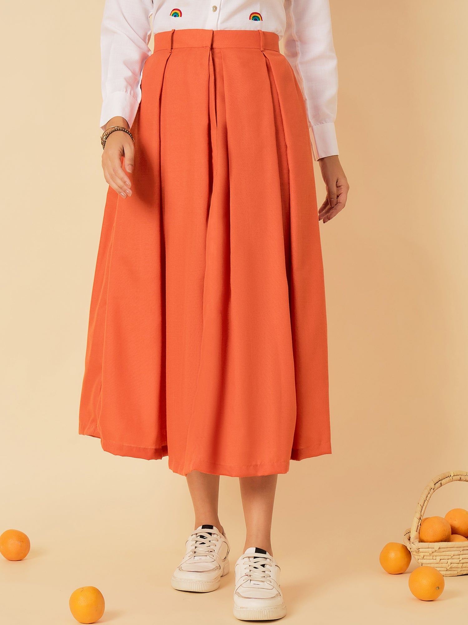 Box Pleated Linen Midi Skirt