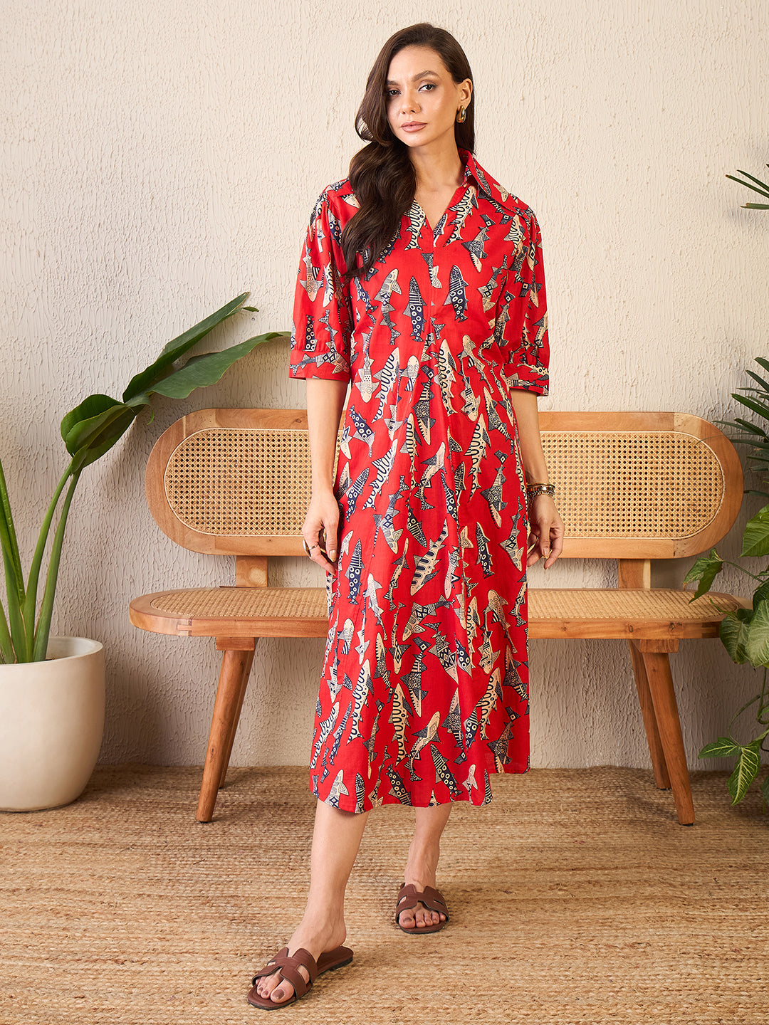 Front Pleated Cotton Midi Dress - Pinkkup