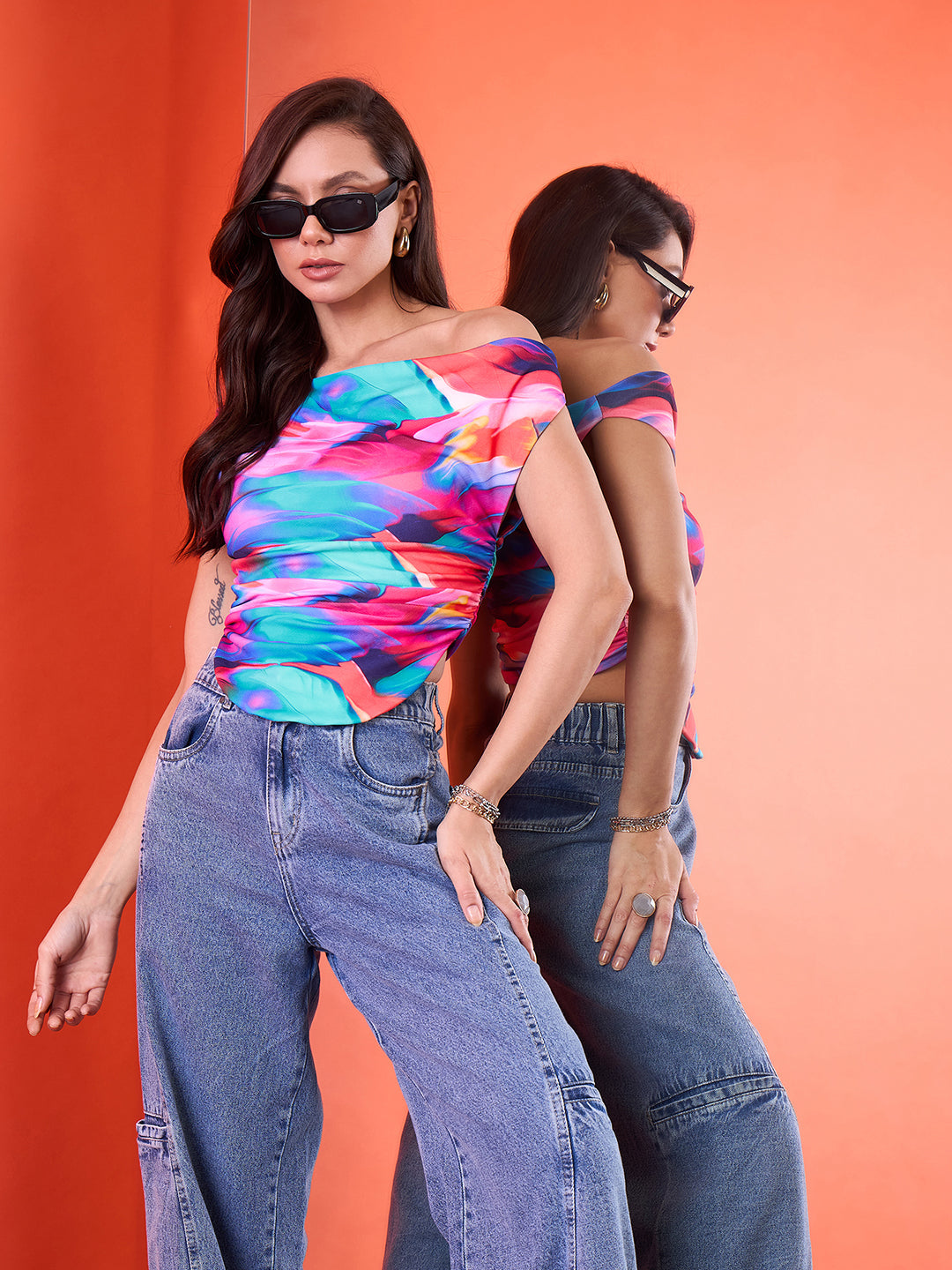 Printed Cotton Stretchable Draped Crop Top - Pinkkup