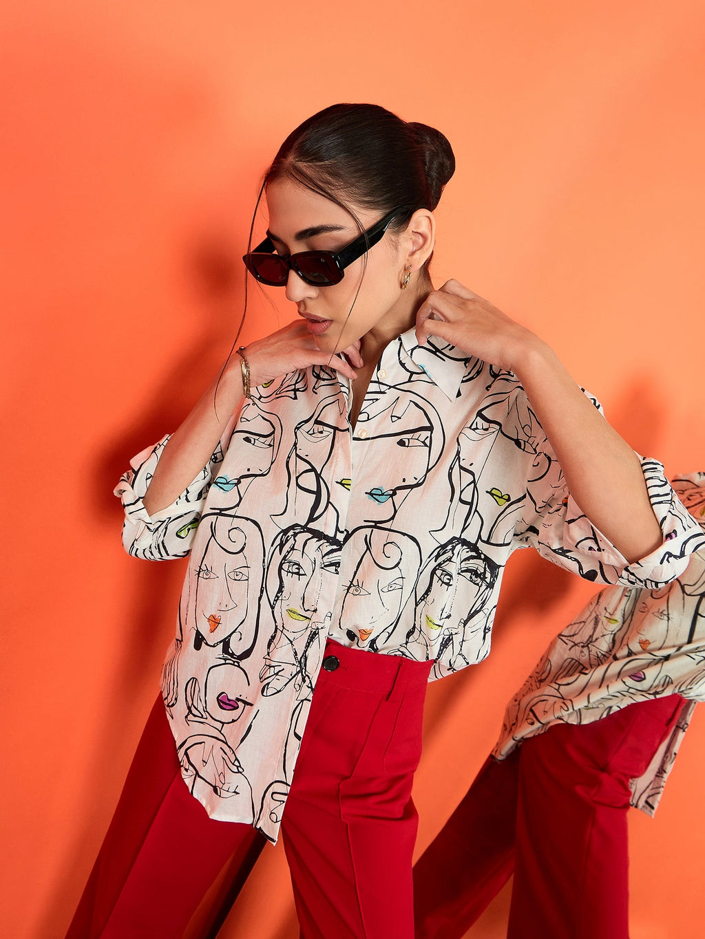 Printed Asymmetrical Cotton Shirt - Pinkkup