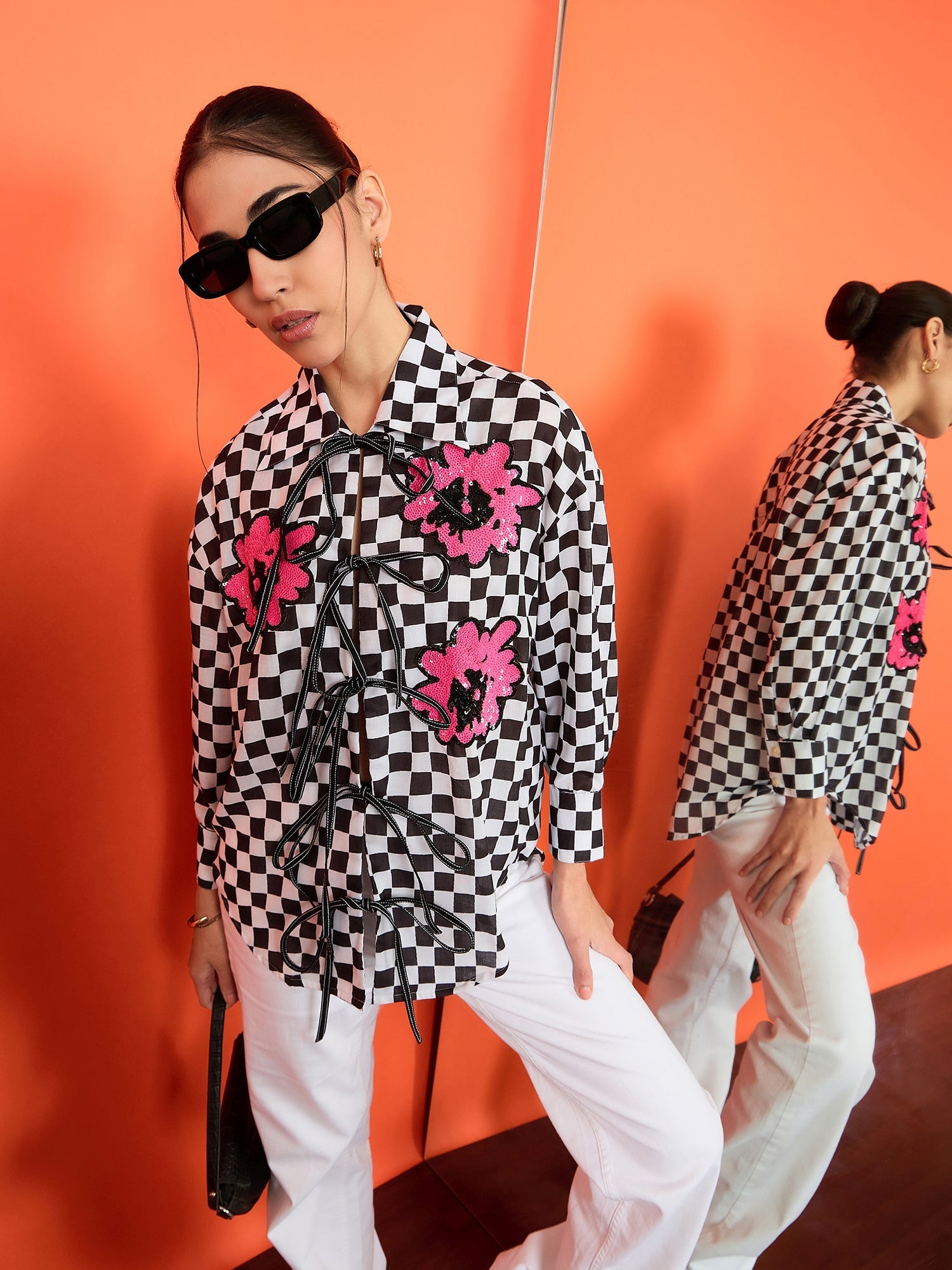Printed Tie-Up Full Sleeve Sequinned Cotton Shirt - Pinkkup