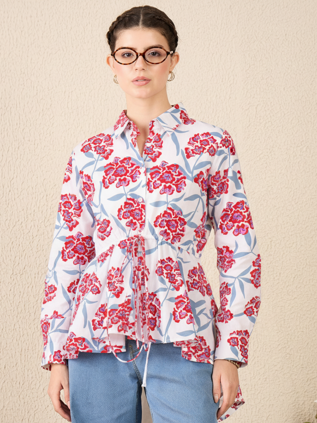 Pure Cotton Drawstring Peplum Shirt