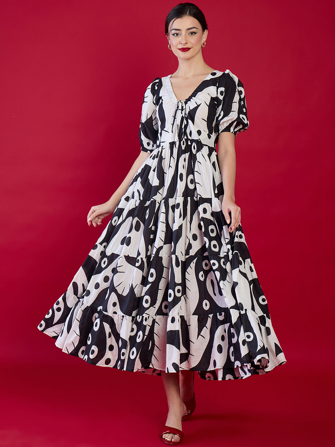 Pure Cotton Neck Tie Up Maxi Dress - Pinkkup