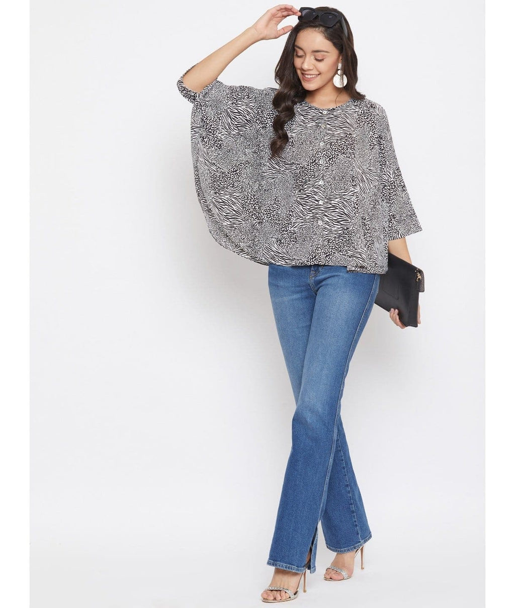 Printed Buttoned Crepe Cape Top - Pinkkup