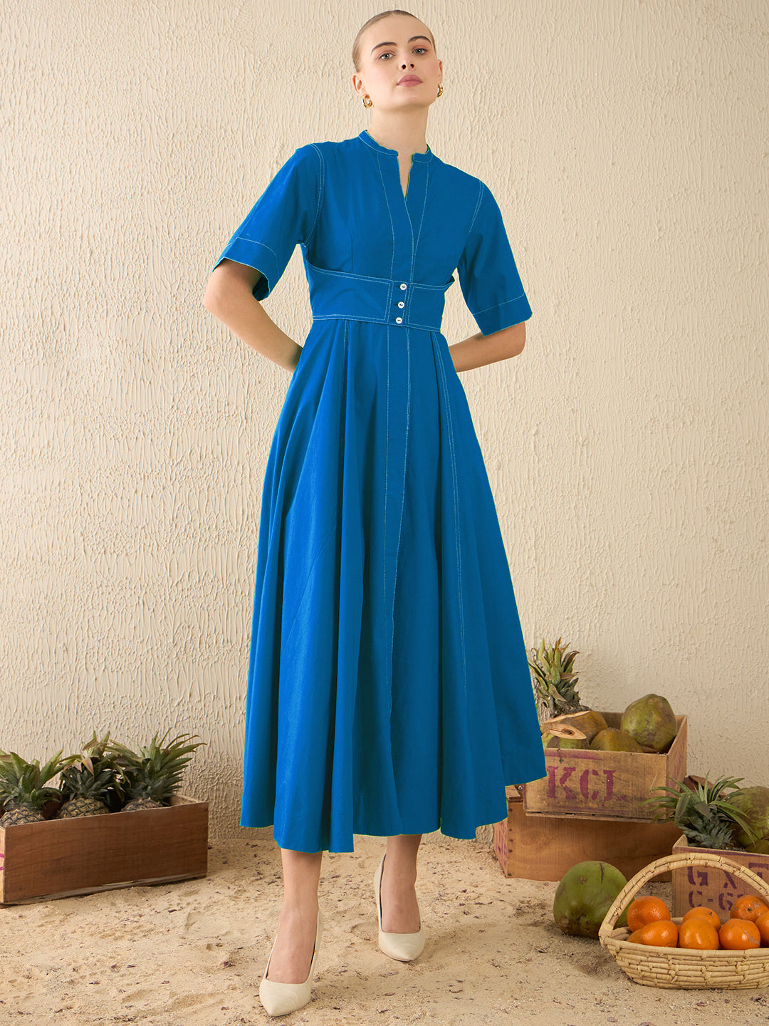 Corset Panelled Cotton Midi Dress - Pinkkup