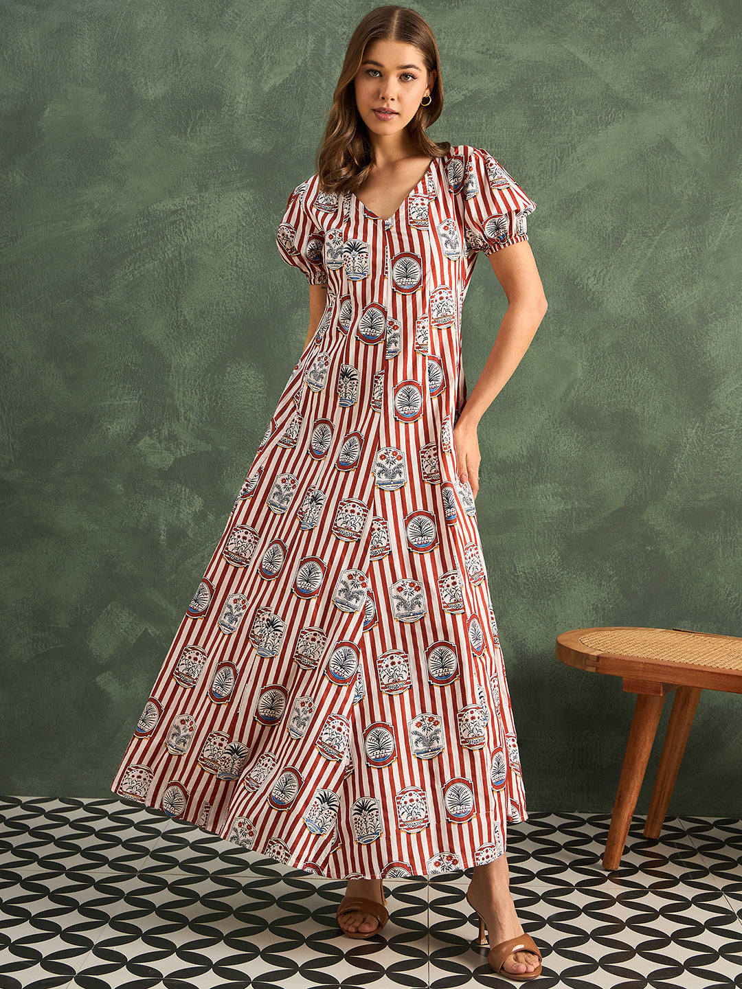 Puff Sleeve A-Line Pure Cotton Maxi Dress - Pinkkup