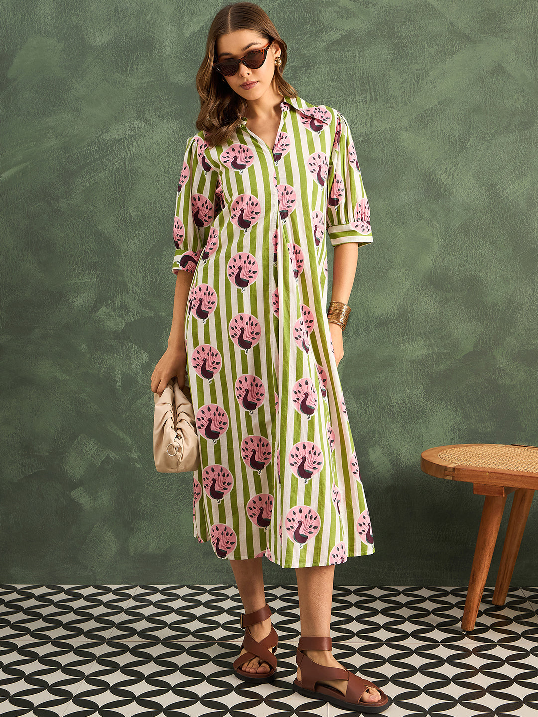 Front Pleated Pure Cotton Midi Dress - Pinkkup
