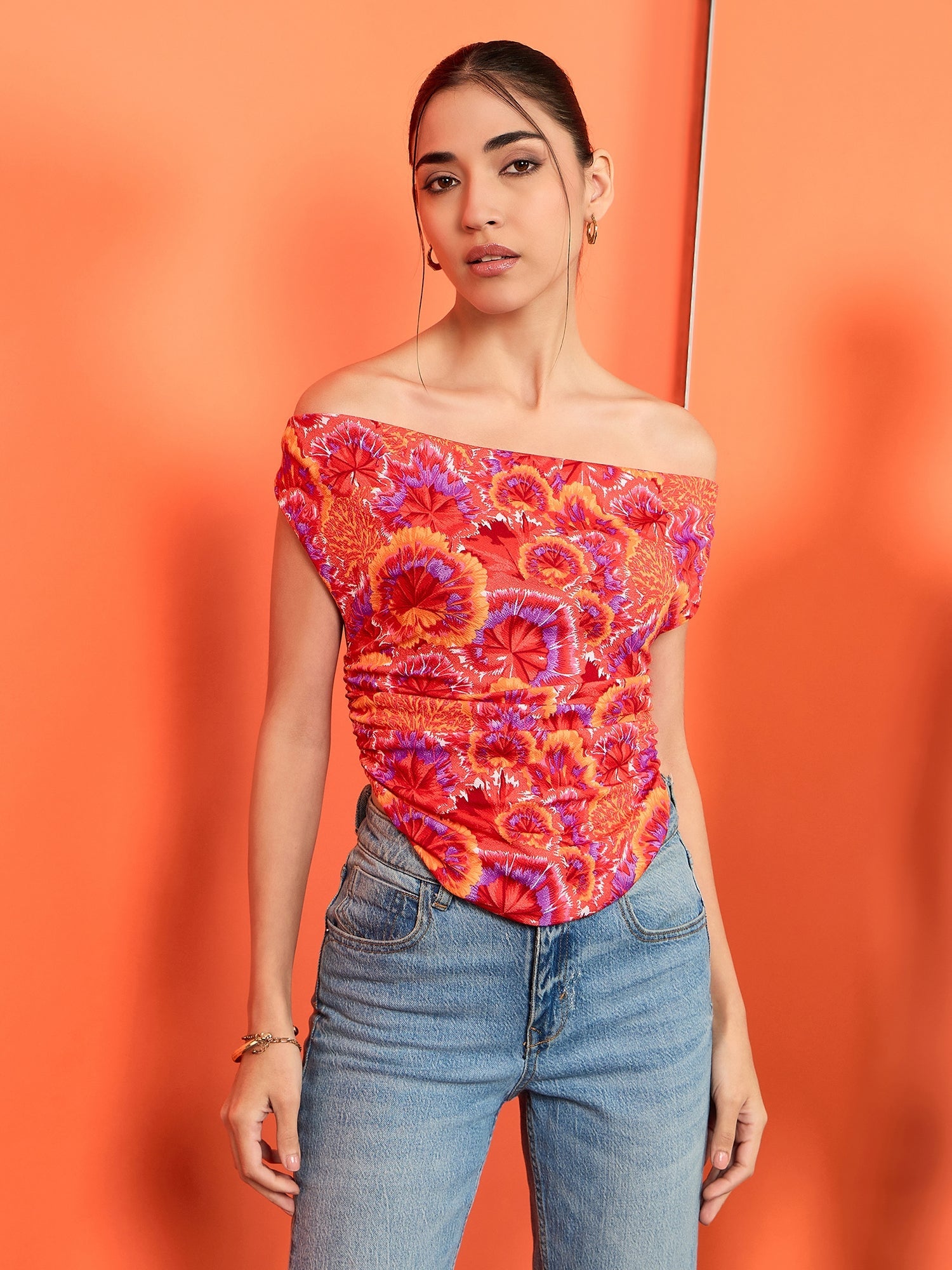 Printed Cotton Stretchable Draped Crop Top - Pinkkup
