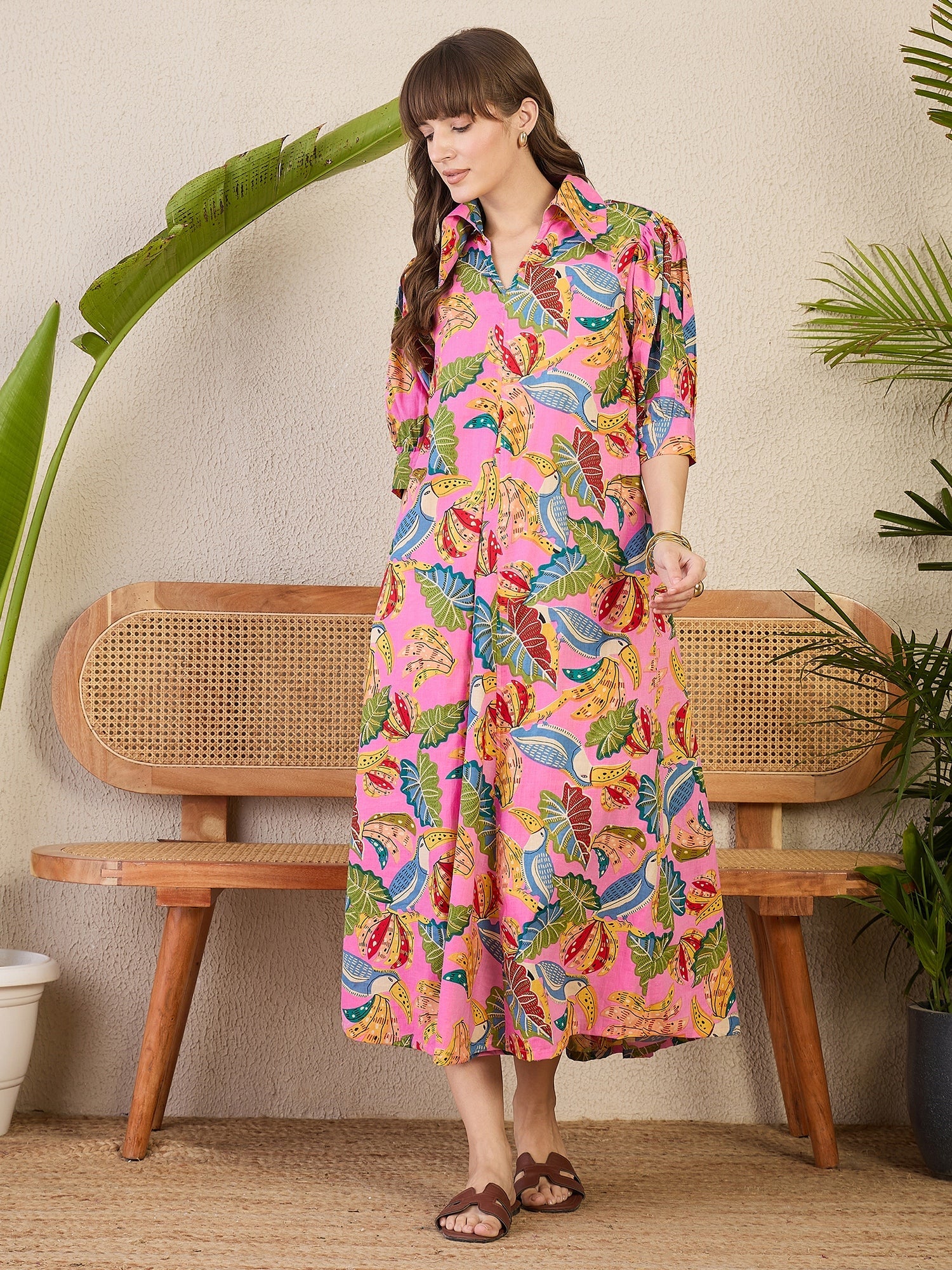 Front Pleated Cotton Midi Dress - Pinkkup