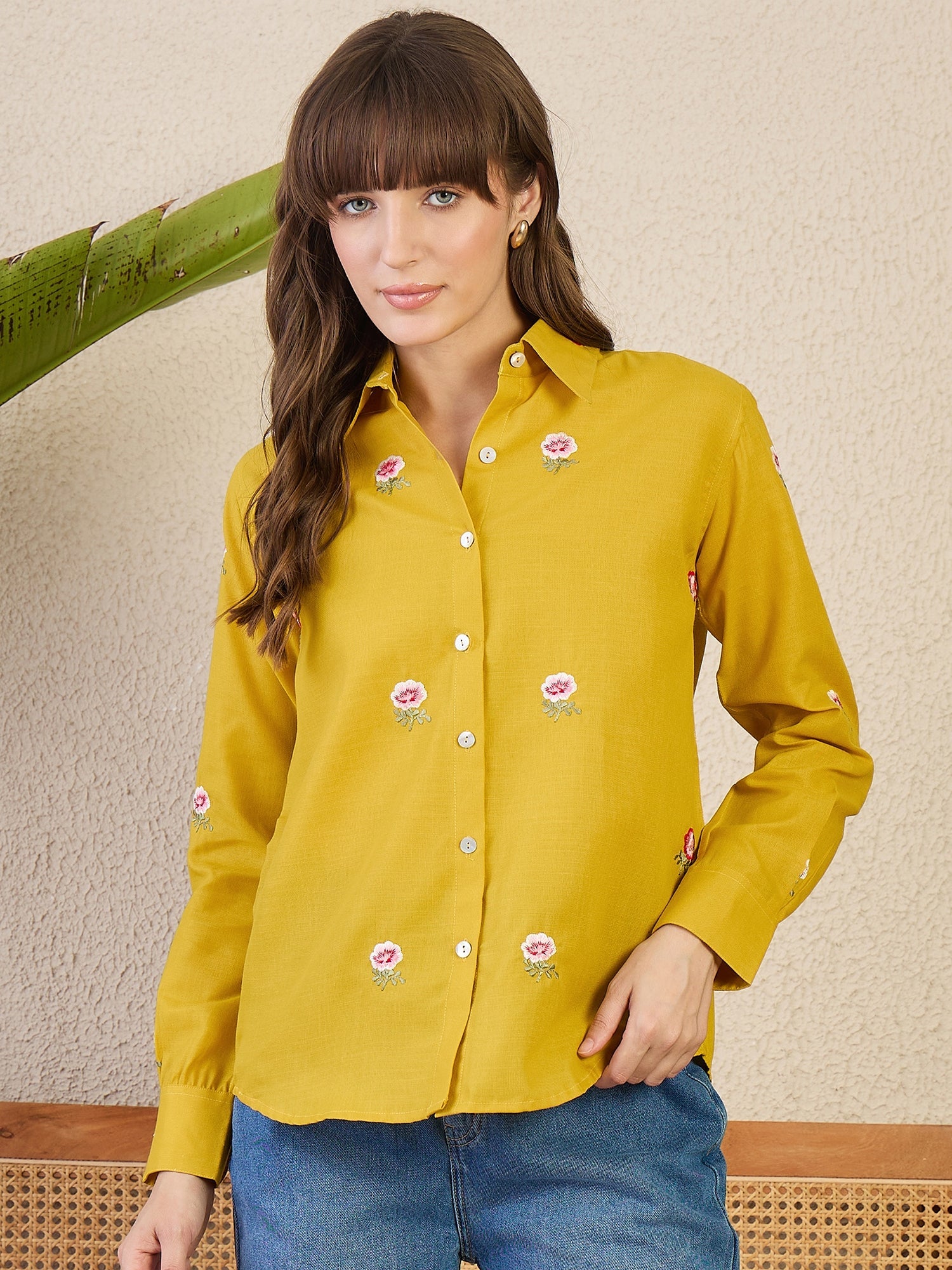 All Over Embroidered Linen Shirt - Pinkkup