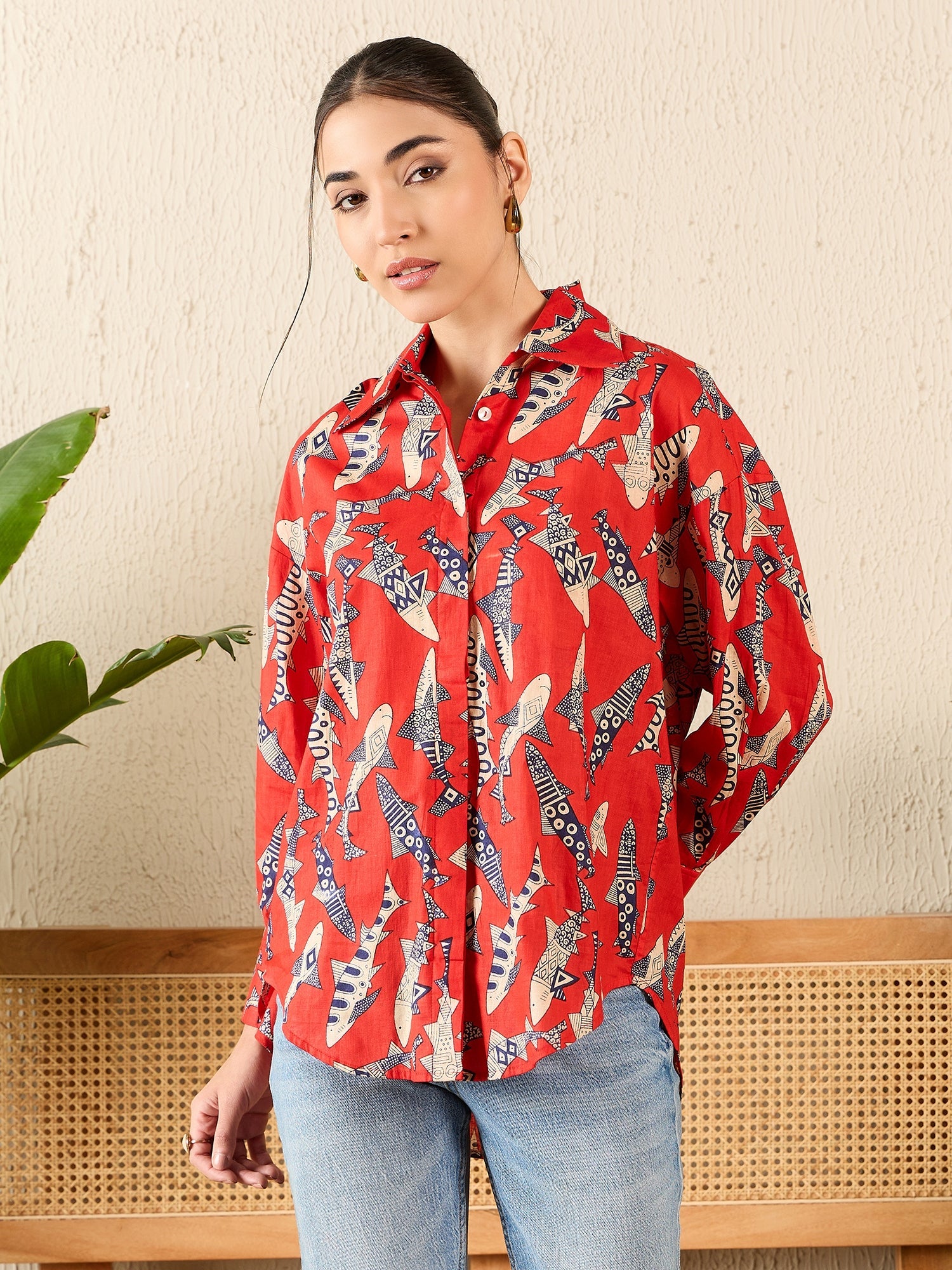 Printed Asymmetrical Cotton Shirt - Pinkkup