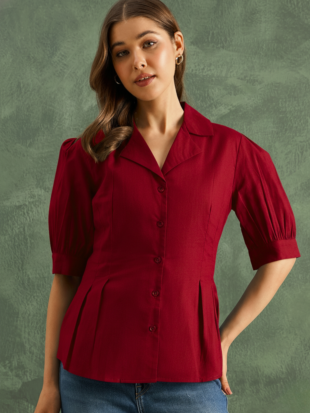 Puff Sleeve Pure Cotton Pleated Shirt - Pinkkup