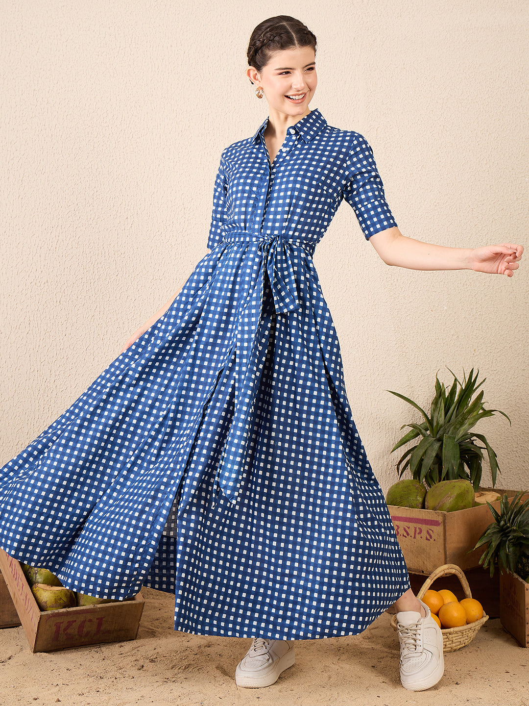 Pure Cotton Buttoned Down Shirt Dress With Belt - Pinkkup