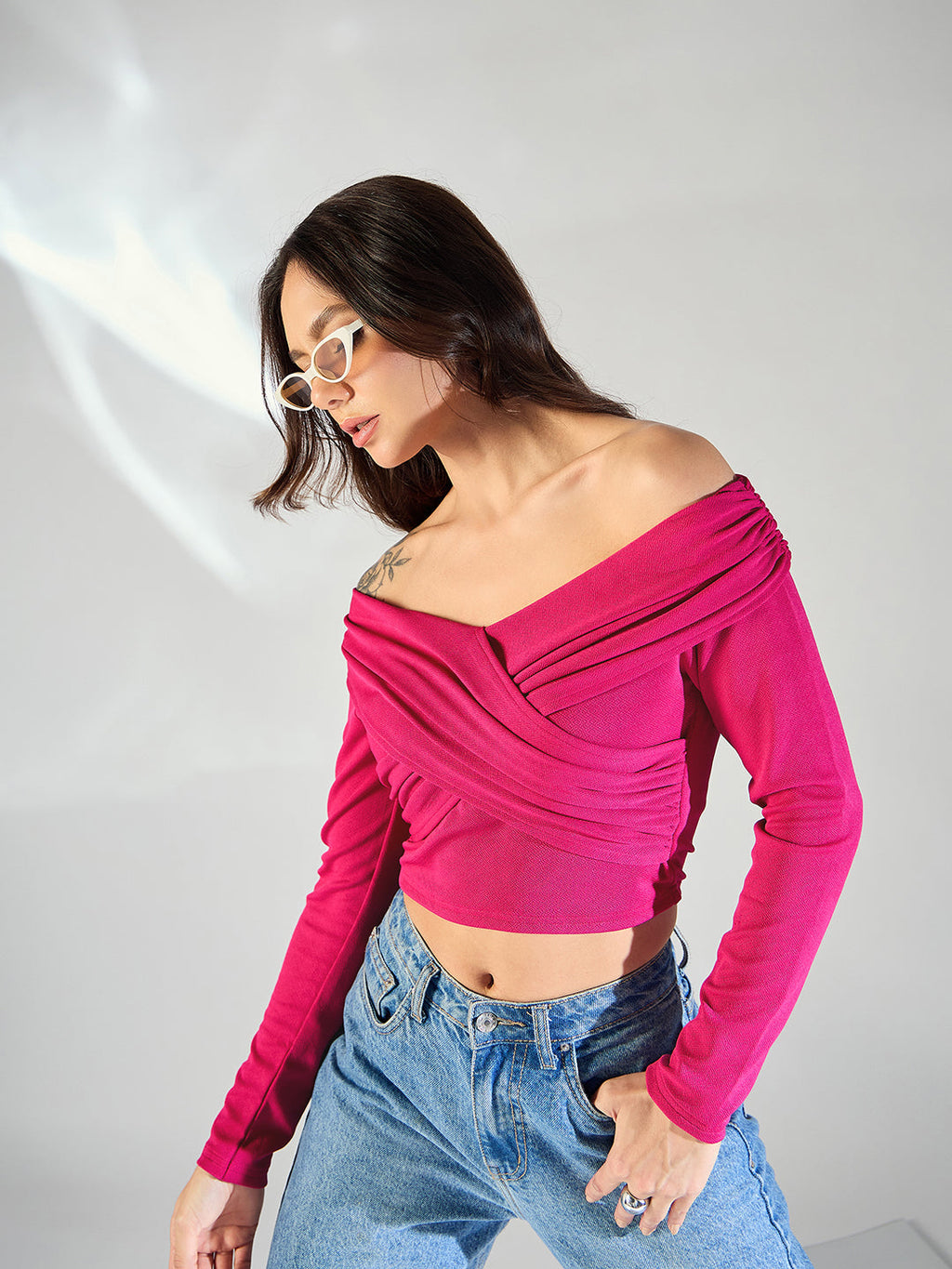 Stretchable Wrap Style Bardot Top - Pinkkup