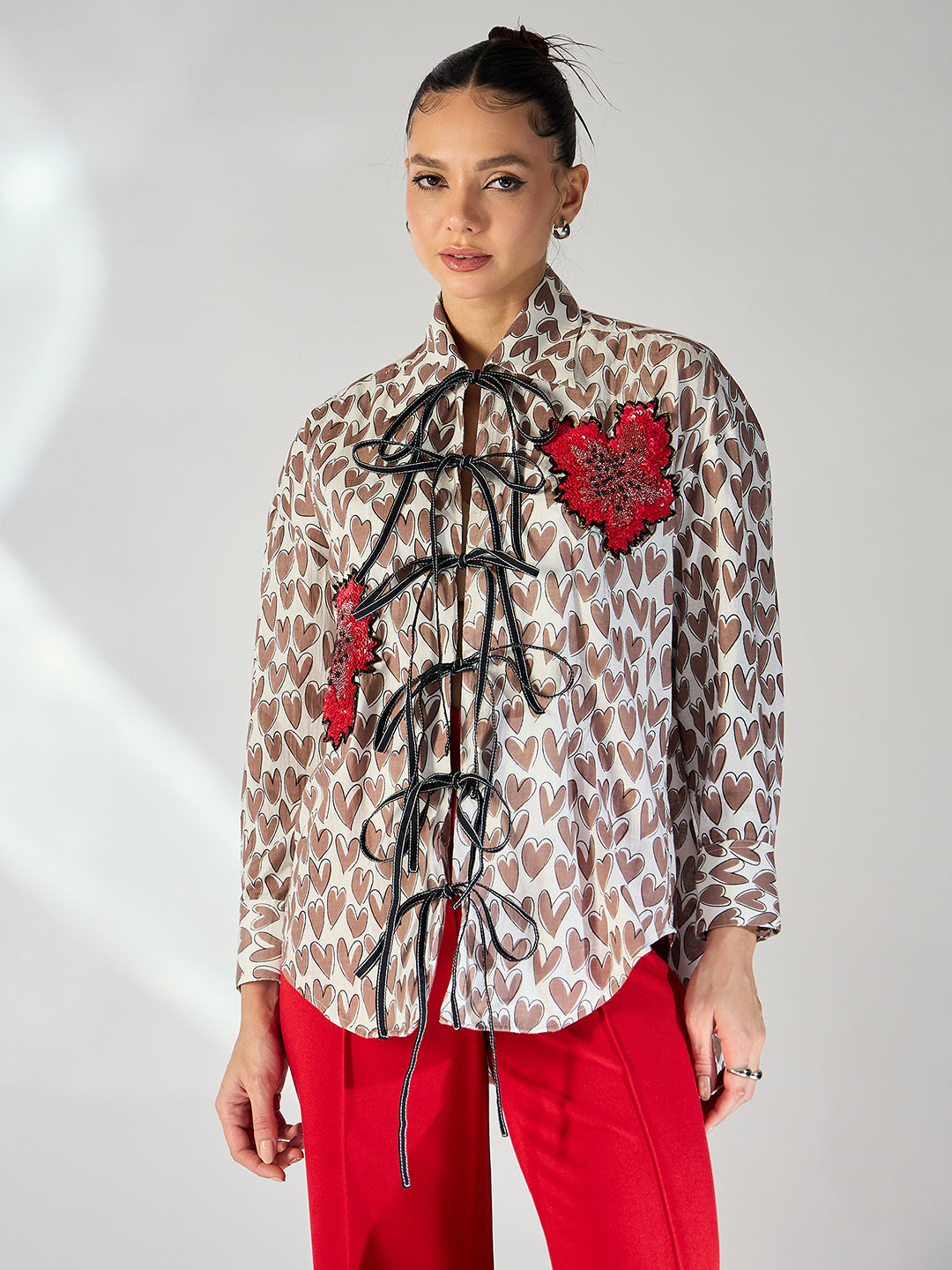 Printed Tie-Up Full Sleeve Sequinned Cotton Shirt - Pinkkup