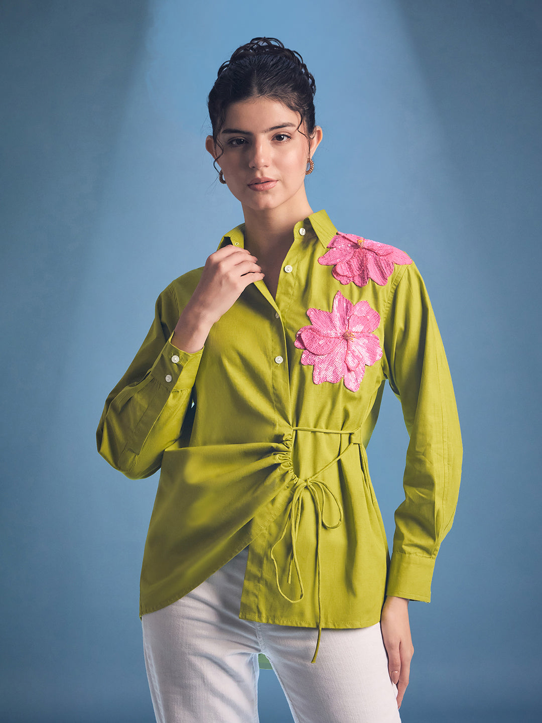 Side Tie-Up Cotton Shirt - Pinkkup