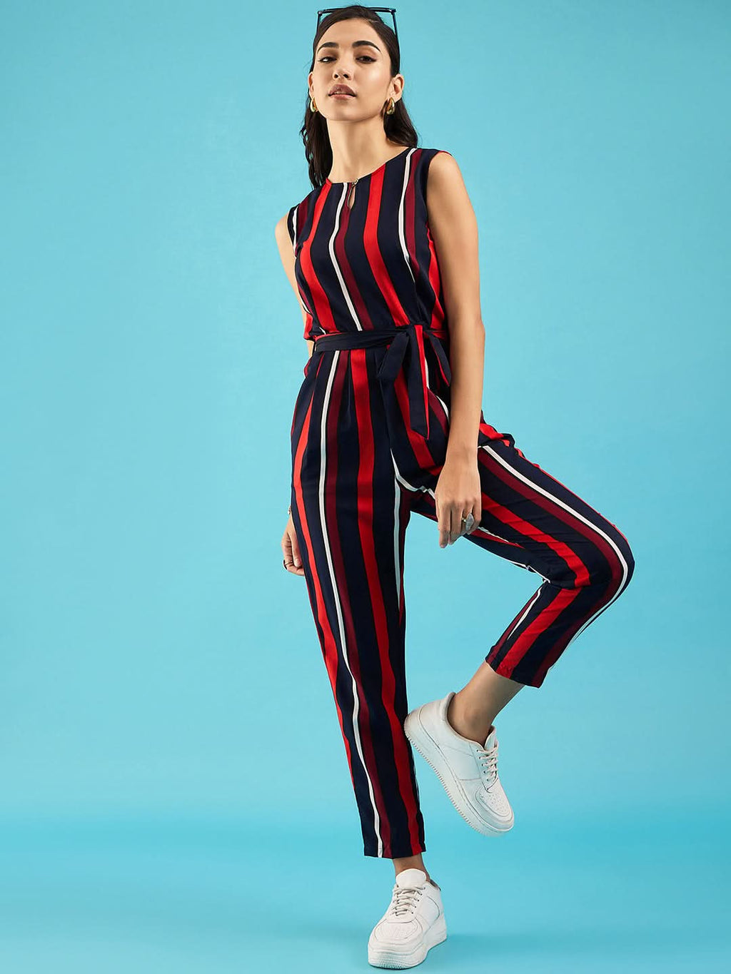 Striped Keyhole Jumpsuit with Belt - Pinkkup