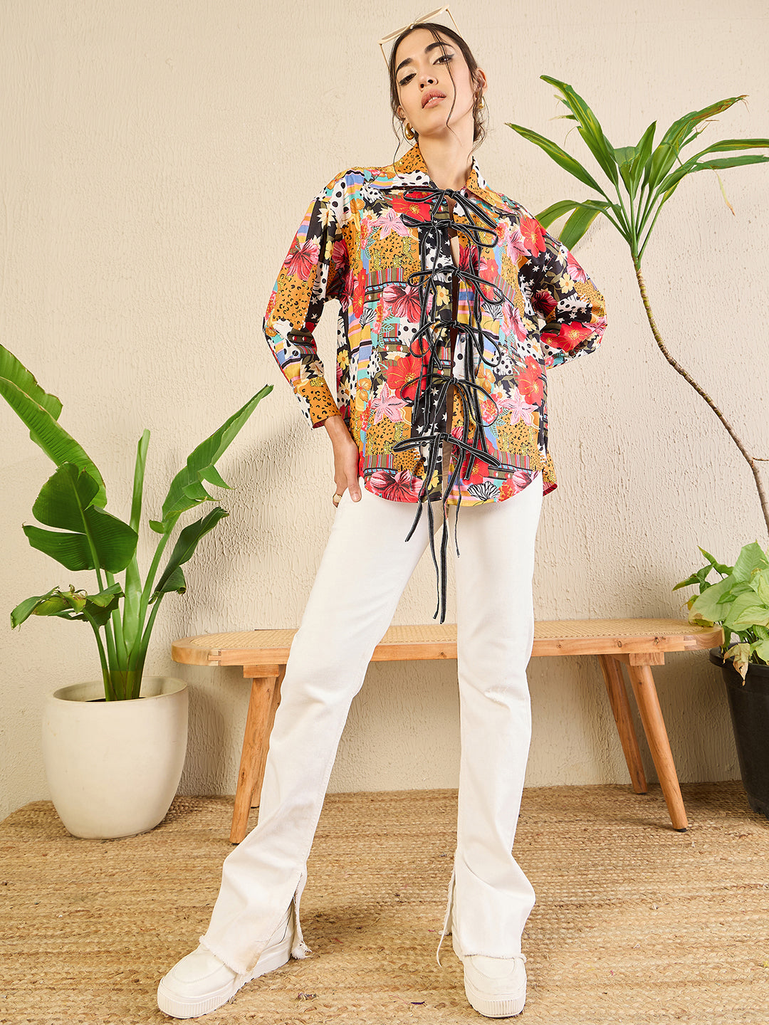 Printed Tie-Up Full Sleeve Cotton Shirt - Pinkkup