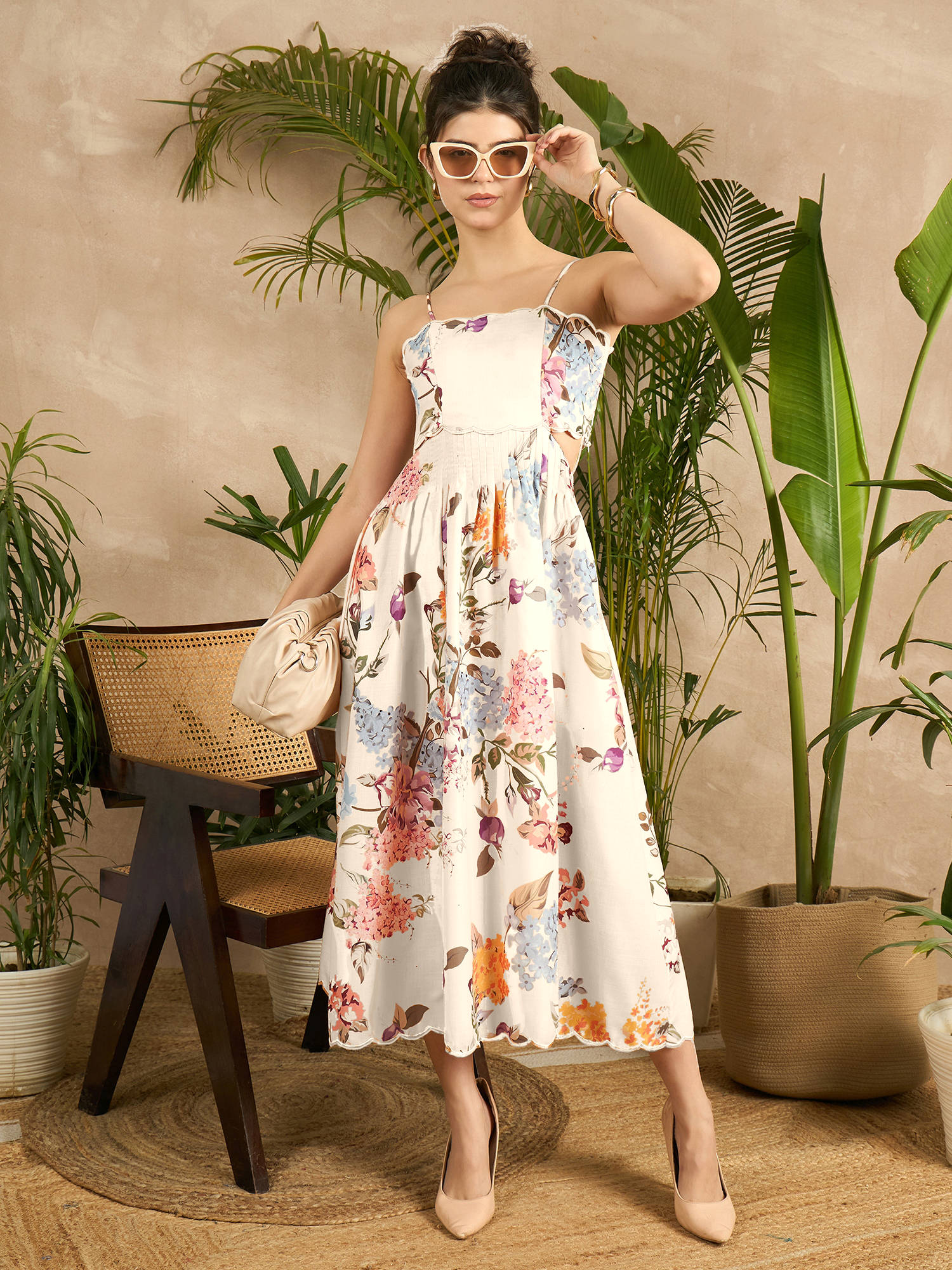 Scalloped Fit and Flare Midi Cotton Dress