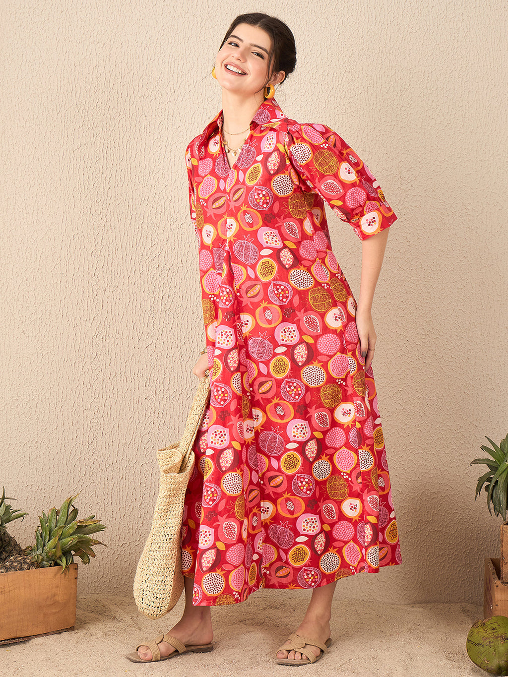 Front Pleated Cotton Midi Dress - Pinkkup