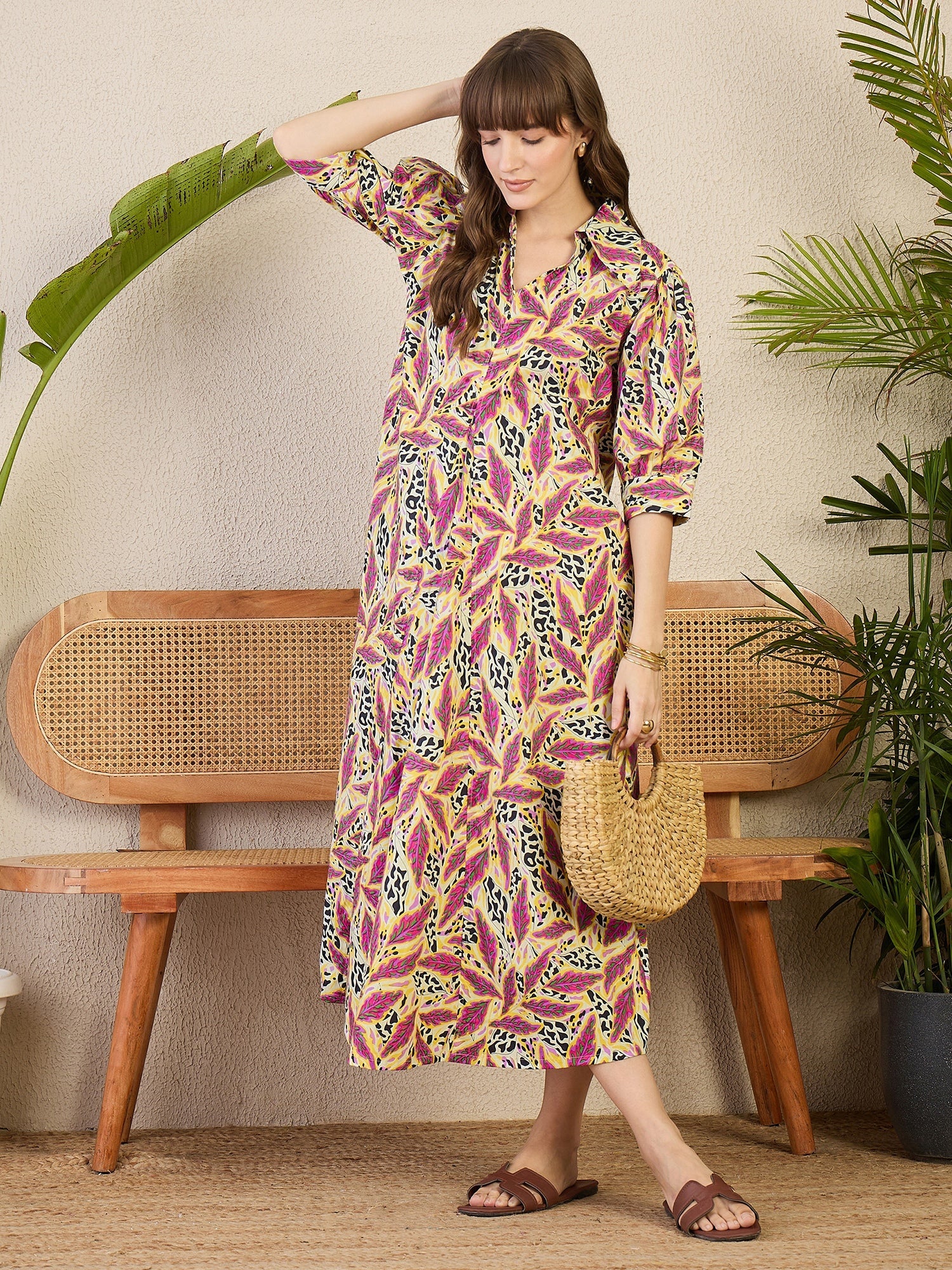 Front Pleated Cotton Midi Dress - Pinkkup