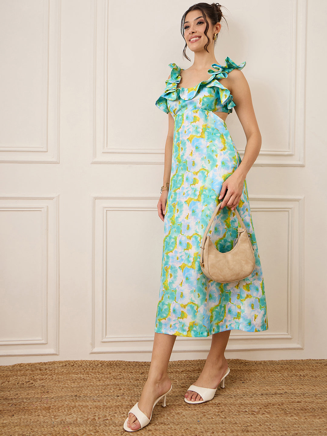 Printed Frilled Scoop Neck Linen Dress