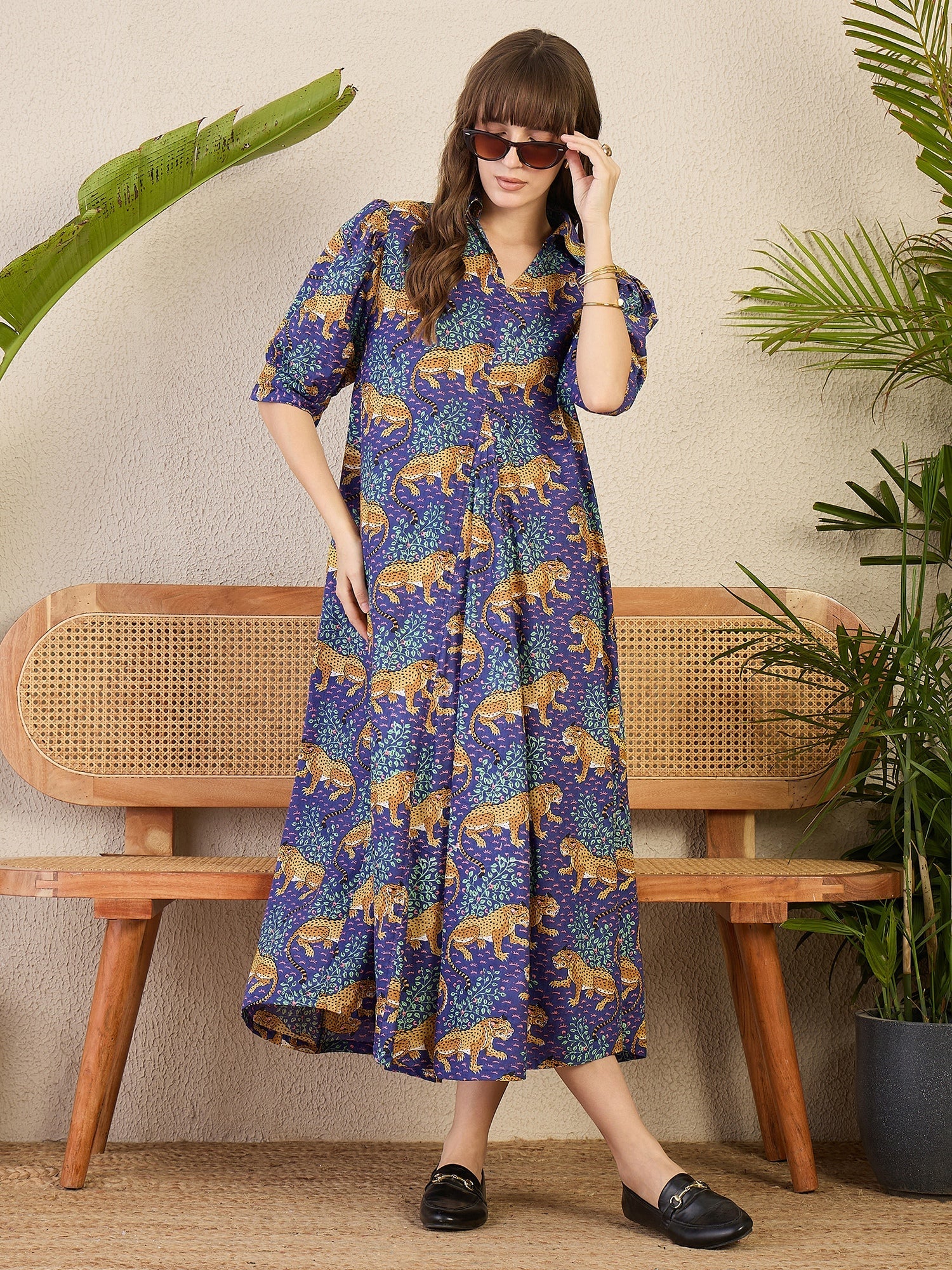 Front Pleated Cotton Midi Dress - Pinkkup