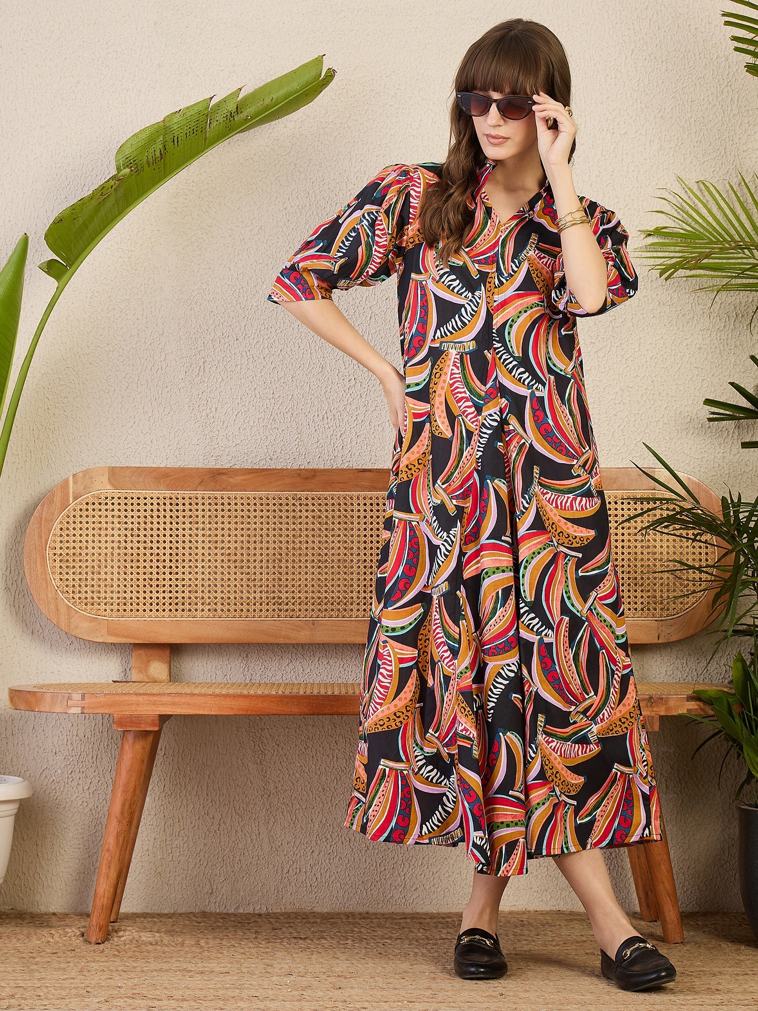 Front Pleated Cotton Midi Dress - Pinkkup
