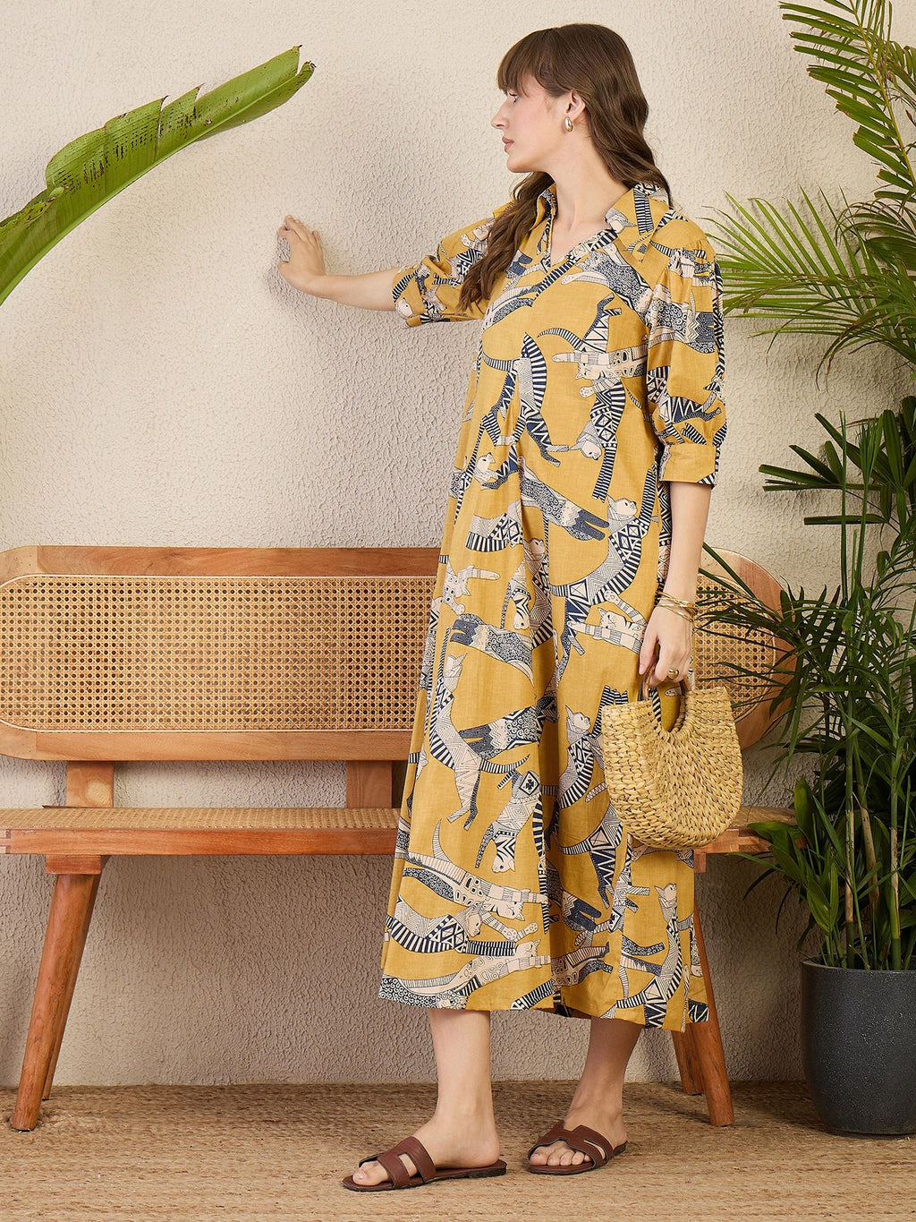Front Pleated Cotton Midi Dress - Pinkkup