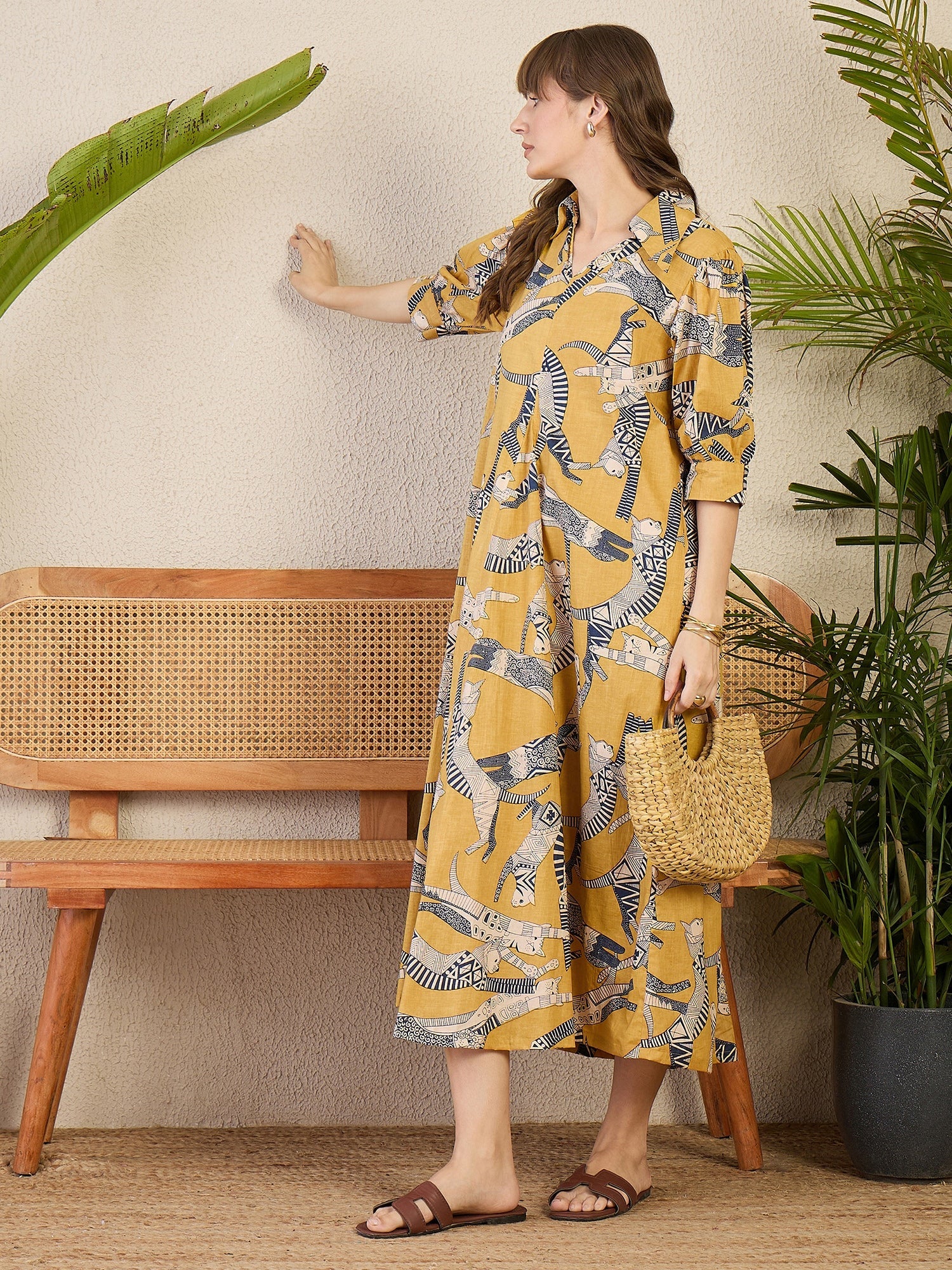 Front Pleated Cotton Midi Dress - Pinkkup