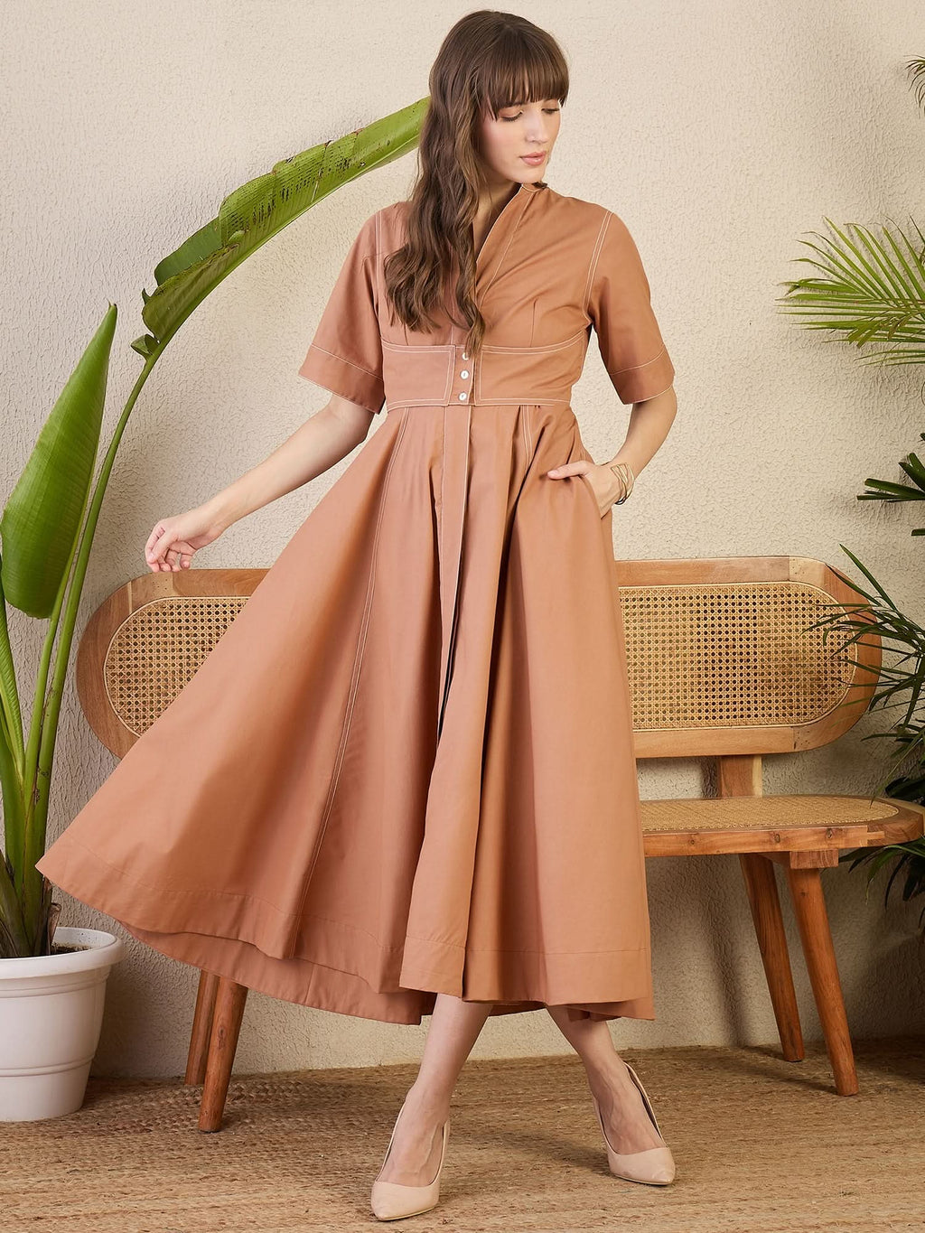 Corset Panelled Cotton Midi Dress - Pinkkup