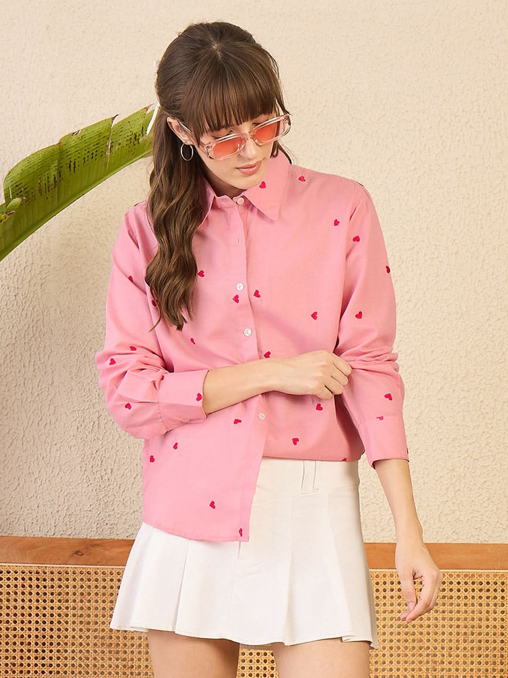 All Over Embroidered Linen Shirt - Pinkkup