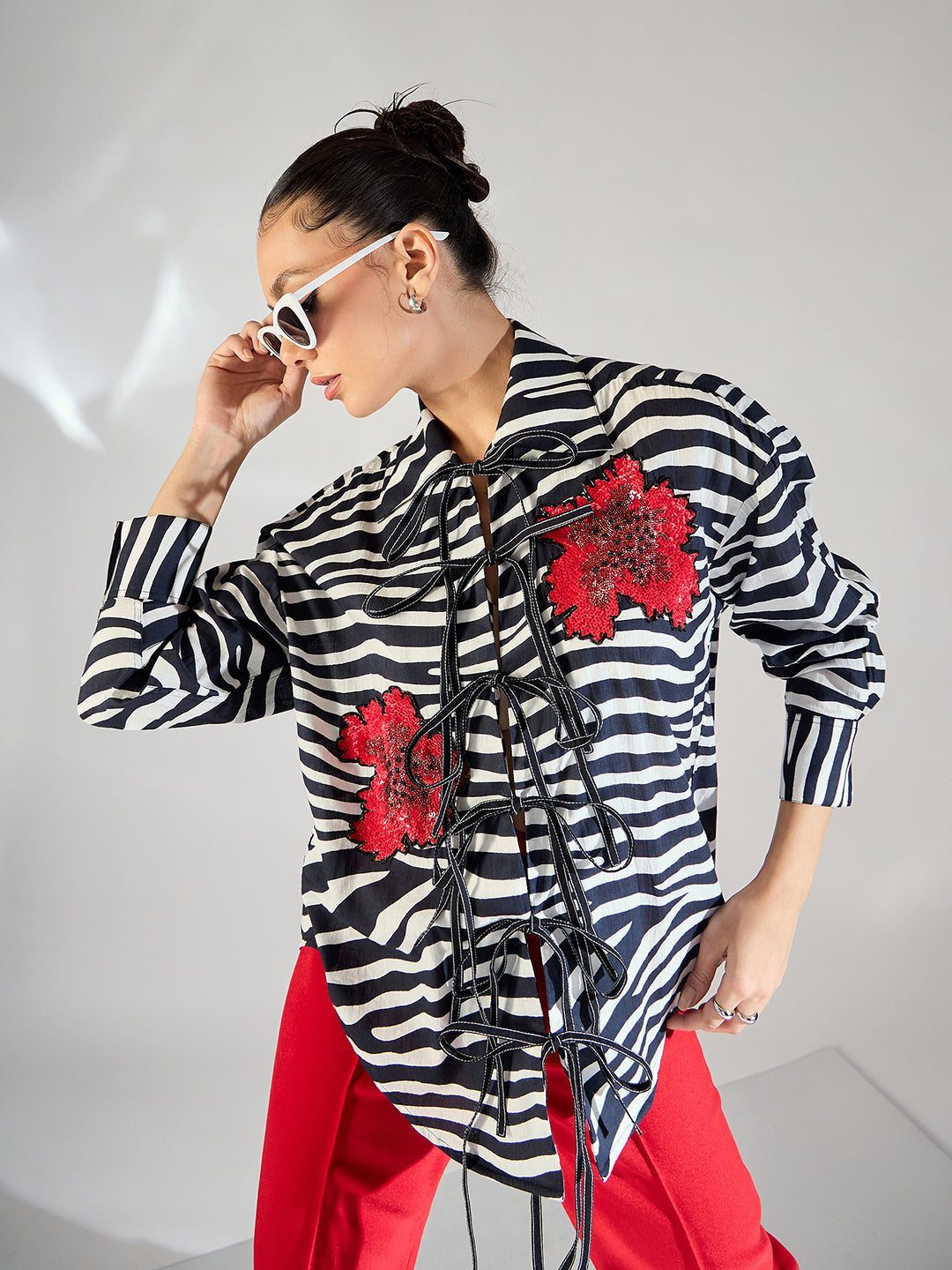Printed Tie-Up Full Sleeve Sequinned Cotton Shirt - Pinkkup
