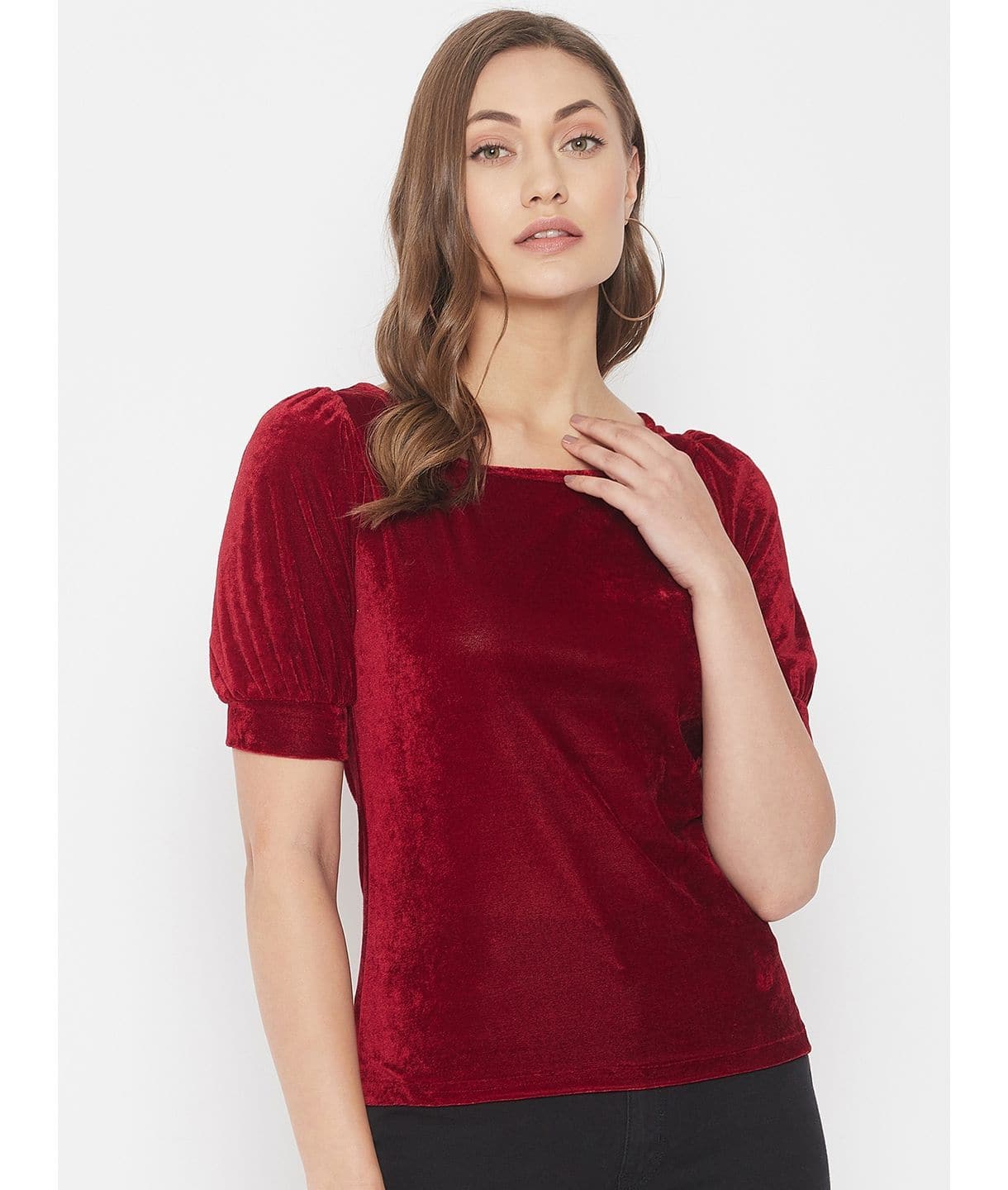 Stretchable Velvet Round Neck Puff Sleeve Top - Pinkkup