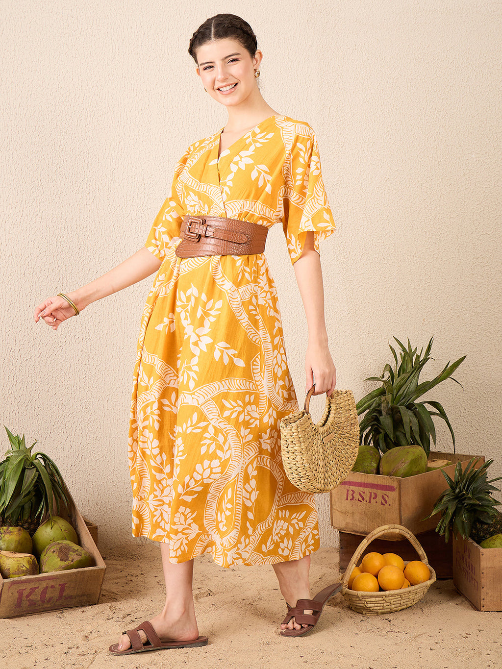 V-neck Cotton Midi Dress