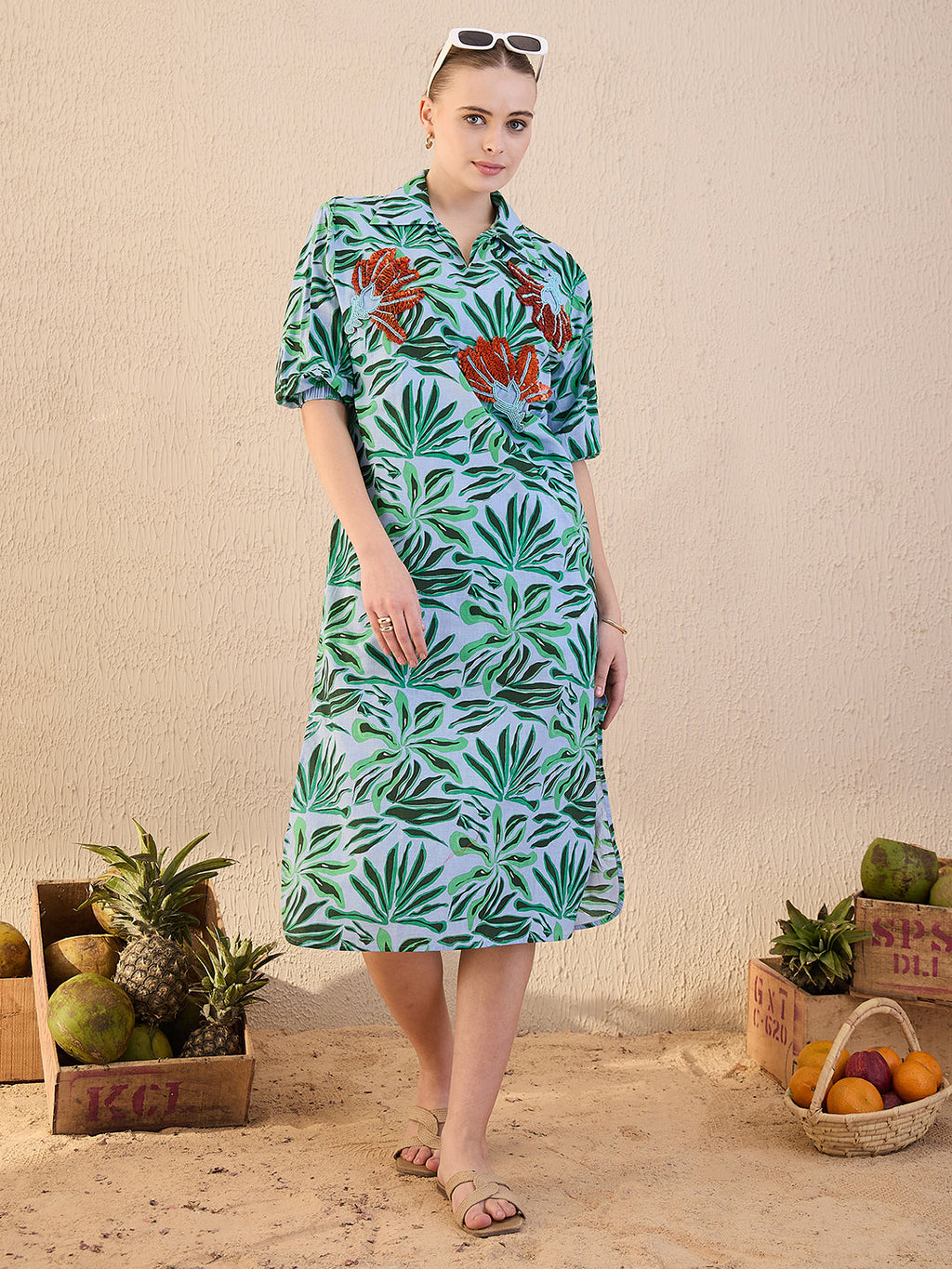 Cotton Sequinned Midi Dress - Pinkkup