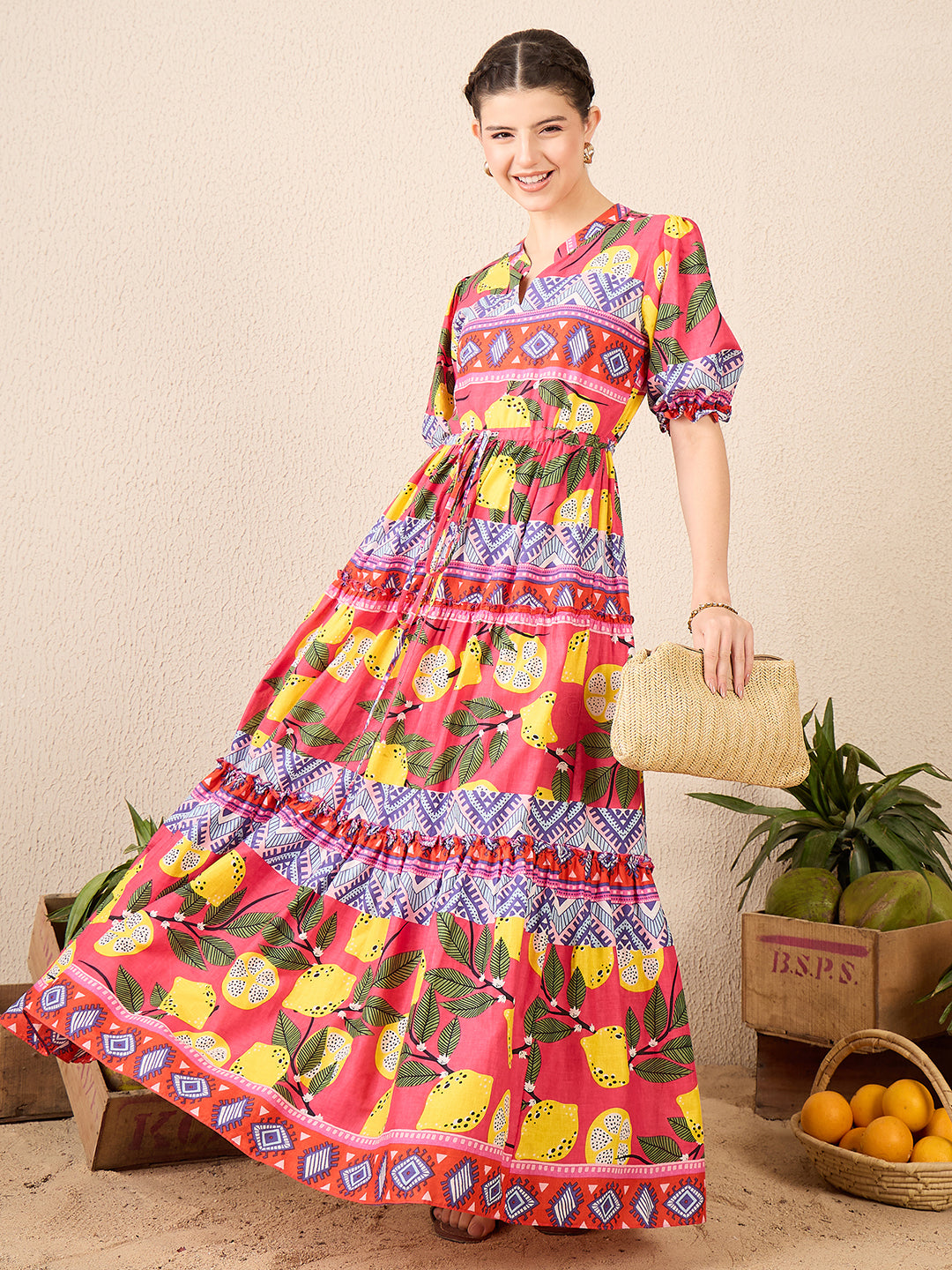 Puffed Sleeve Tiered Cotton Maxi Dress - Pinkkup