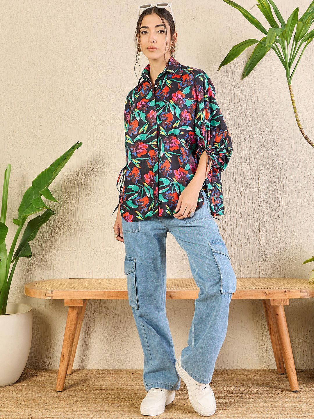 Printed Cotton Shirt with Tie Up Sleeves - Pinkkup