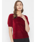 Stretchable Velvet Round Neck Puff Sleeve Top - Pinkkup