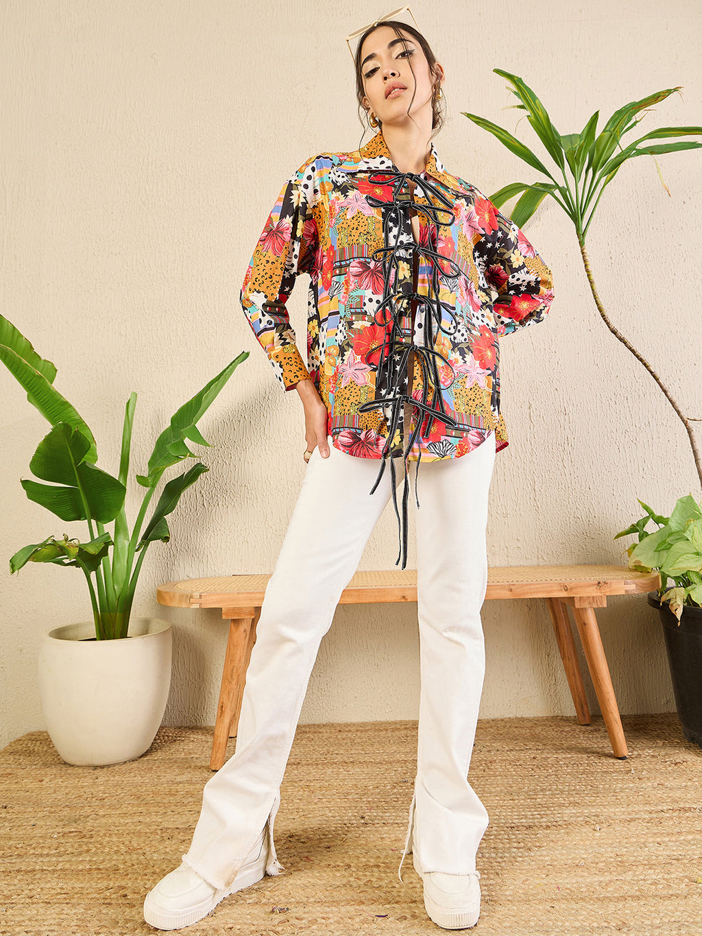 Printed Tie-Up Full Sleeve Cotton Shirt - Pinkkup