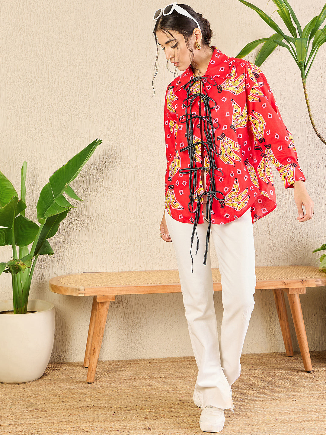 Printed Tie-Up Full Sleeve Cotton Shirt - Pinkkup