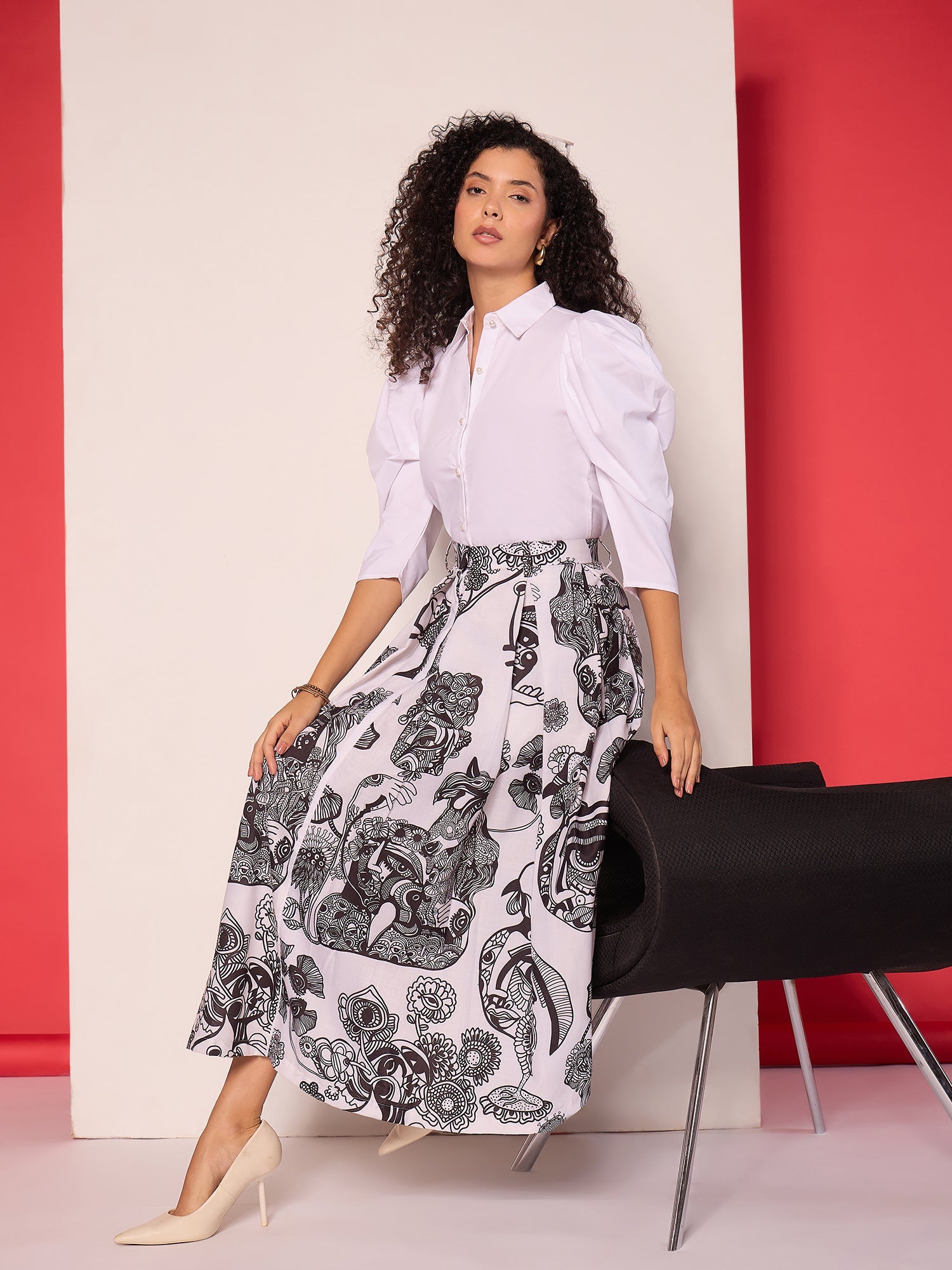 Box Pleated Linen Midi Skirt - Pinkkup